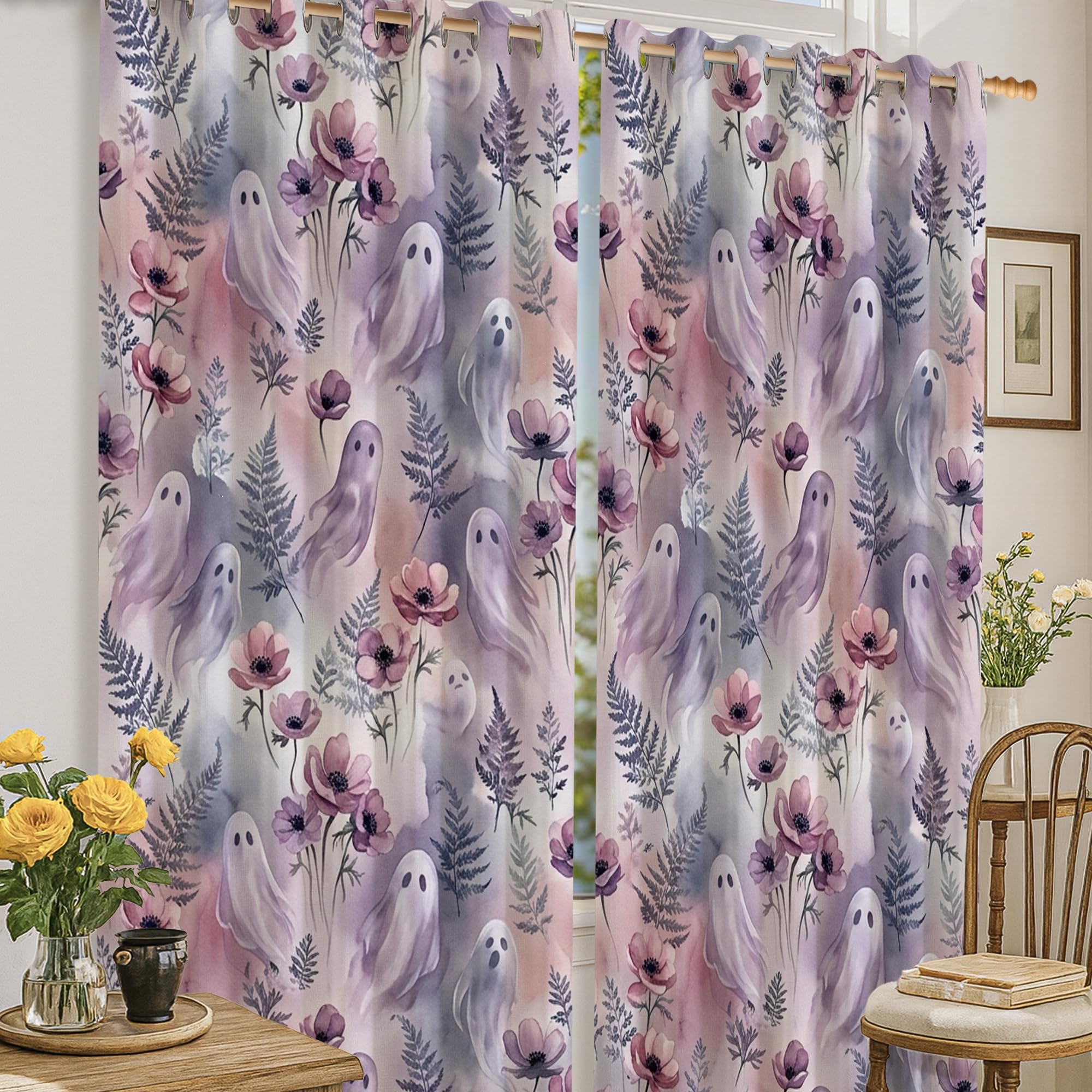 Rideaux occultants violets Halloween motif fantôme et fougère | 132x160 cm