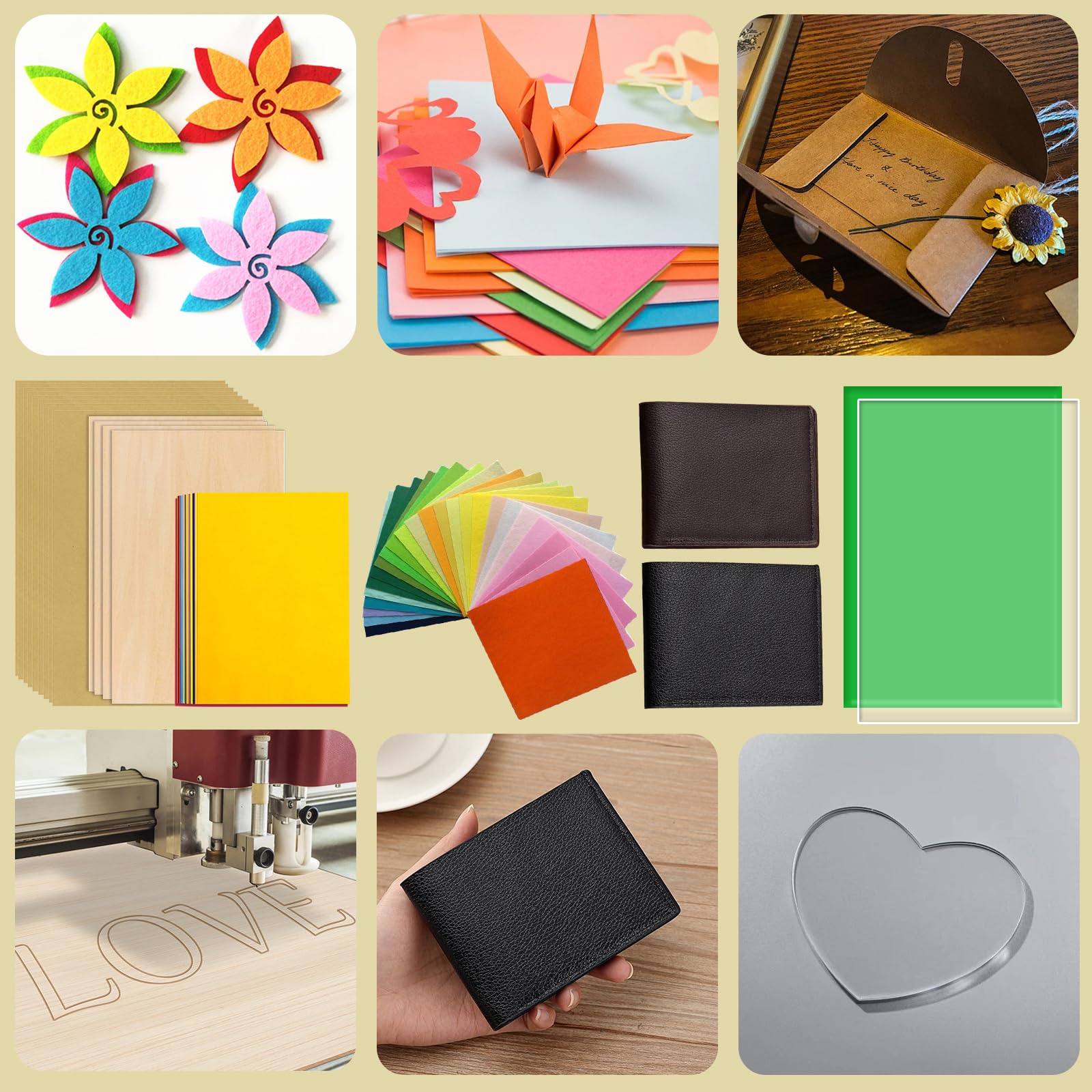 Kit de 144 matériaux de gravure laser, 29 types de fournitures de gravure laser, y compris acrylique, bois, cuir synthétique, verre, métal, roche, tissu, matériaux en caoutchouc pour graveur laser