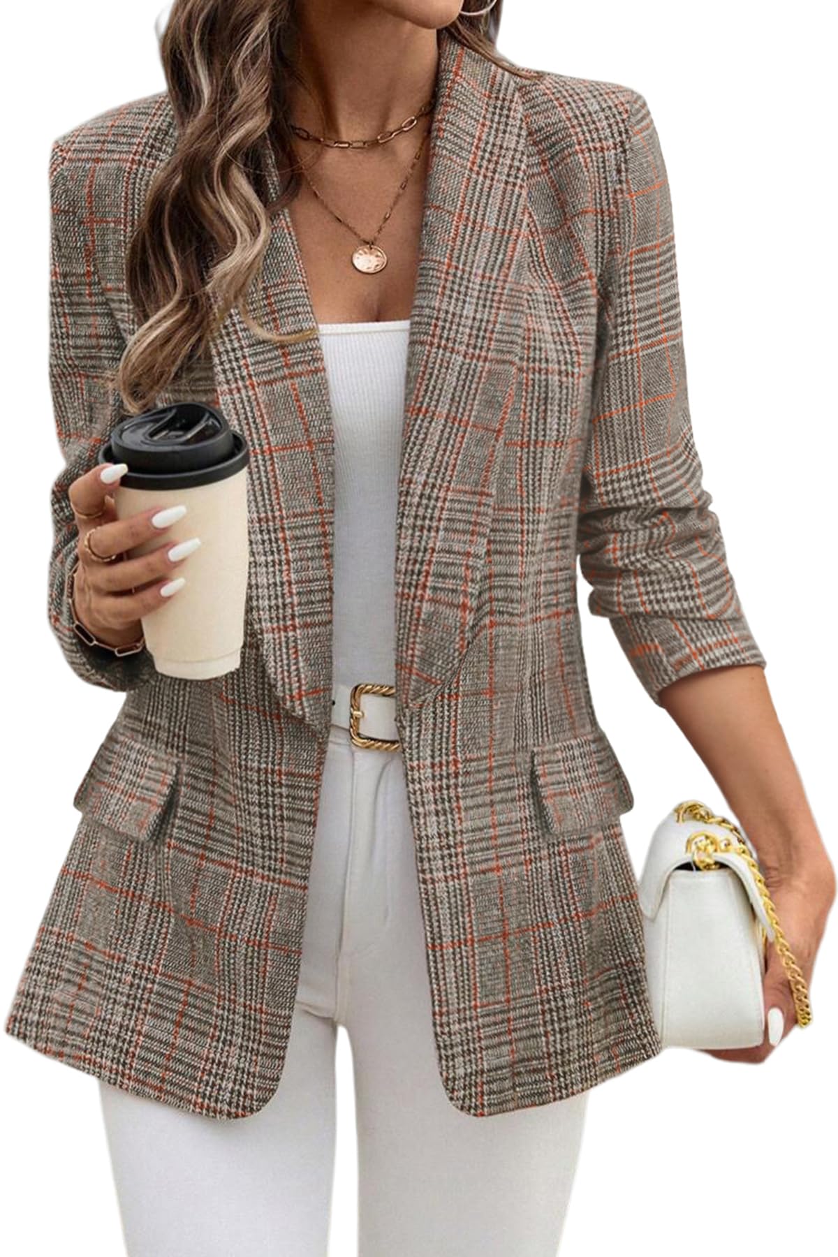 ELLEVEN Womens Shawl Collar Plaid Boyfriend Blazer Business Casual Open Front Houndstooth Work Office Suit Jackets