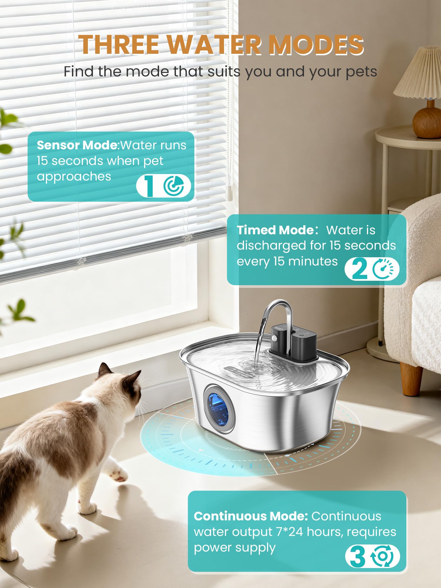 Cat Water Fountain Stainless Steel Cat Fountains for Drinking-108oz/3.2L Quiet Water Fountain for Cats Wireless Cat Water Fountain with Water Level Window for Cats&Dogs Indoor (3 Filter) - image 3