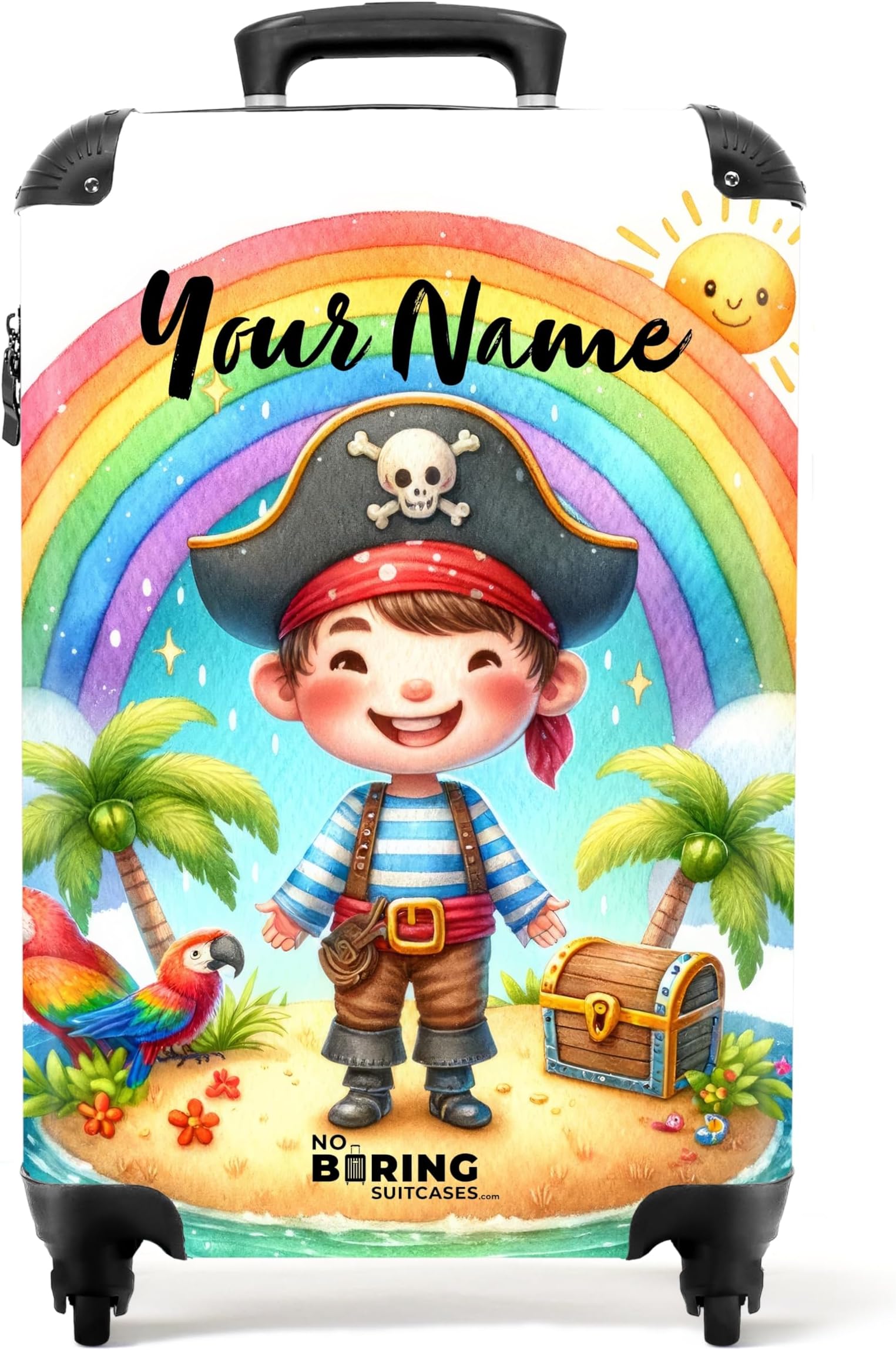 Children's Luggage Kids Suitcase for Boys - Personalised Lightweight Cabin Suitcase on Wheels - Pirate Rainbow Drawing - 55x40x20cm - Hard Shell Trolley - 20" - 10kg