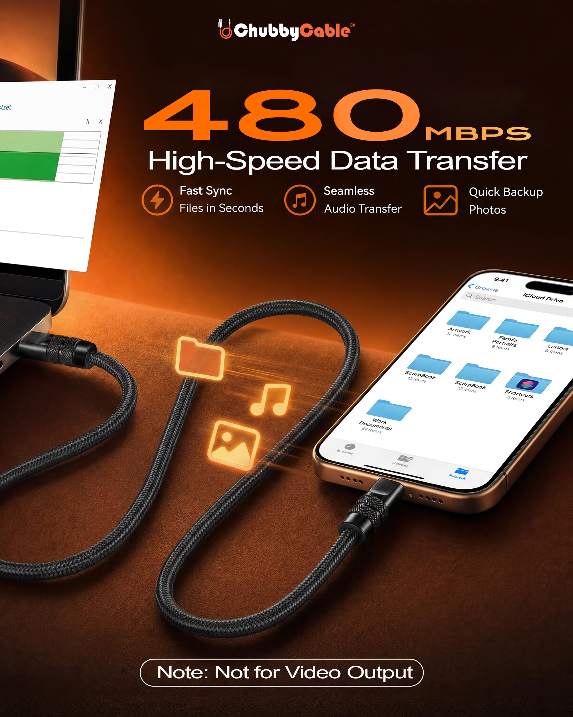 chubbycable Lite - Cavo da USB C a USB C, 240 W, super veloce, tipo C, 3 m, in nylon intrecciato, cavo di ricarica e trasferimento dati durevole per iPhone serie 17-15/MacBook Pro/Air/iPad, nero