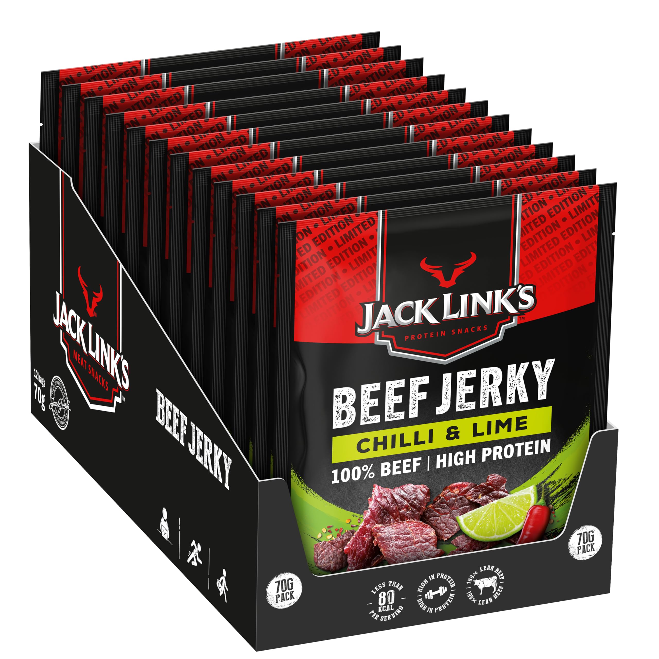 Jack Link's Beef Jerky - Limited Edition Chilli & Lime Flavour - High Protein Meat Snack - Box of 12 x 70 Gram Packs