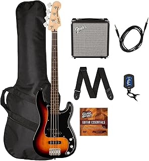 Fender Squier Affinity Precision Bass PJ - 3-Color Sunburst Bundle with Rumble 15 Amplifier, Instrument Cable, Gig Bag, Tuner, Strap, and Austin Bazaar Instructional DVD