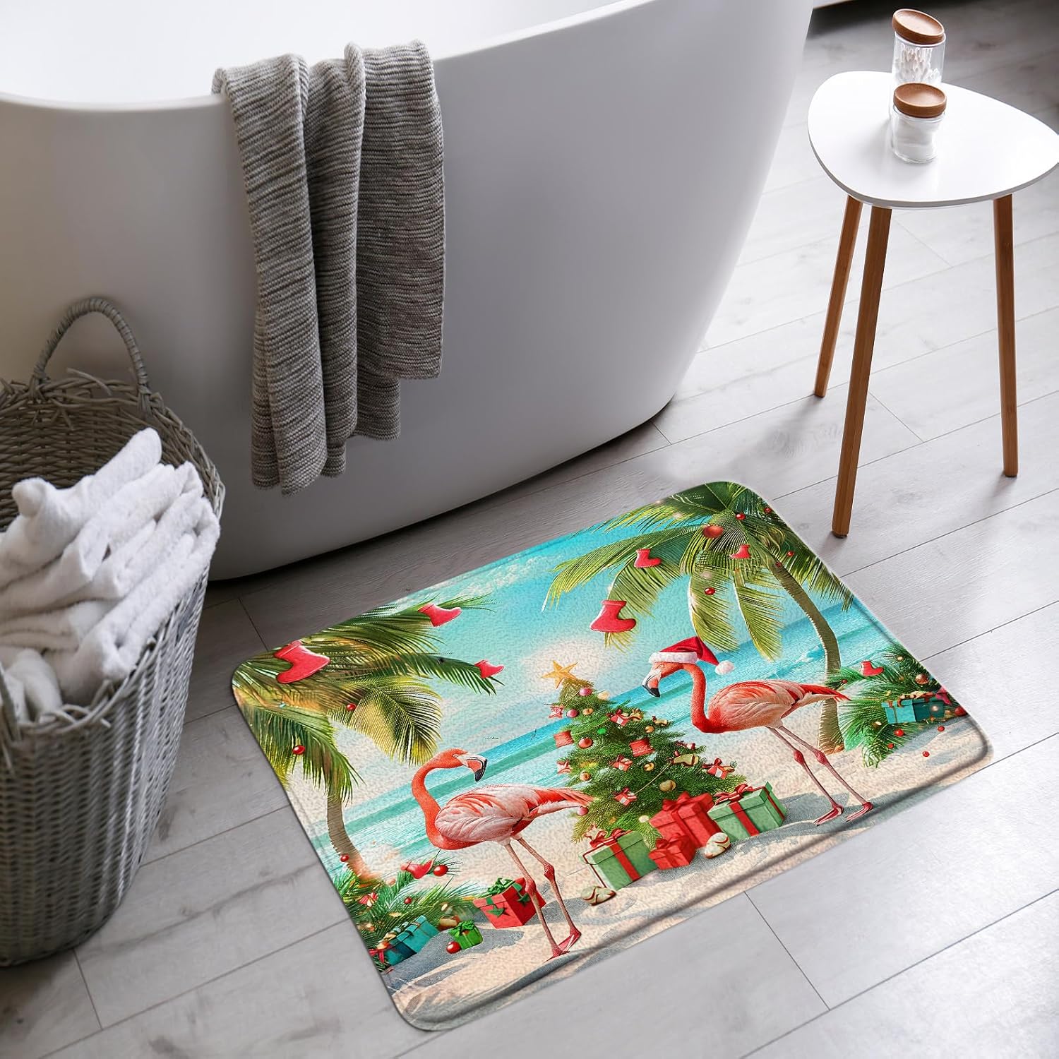 AMFD Pink Christmas Flamingo Bath Mat Tropical Beach Palm Funny Summer Xmas Tree Holiday Bathroom Bathtub Floor Rugs Doormat Toilet Decor,24 x 60 in