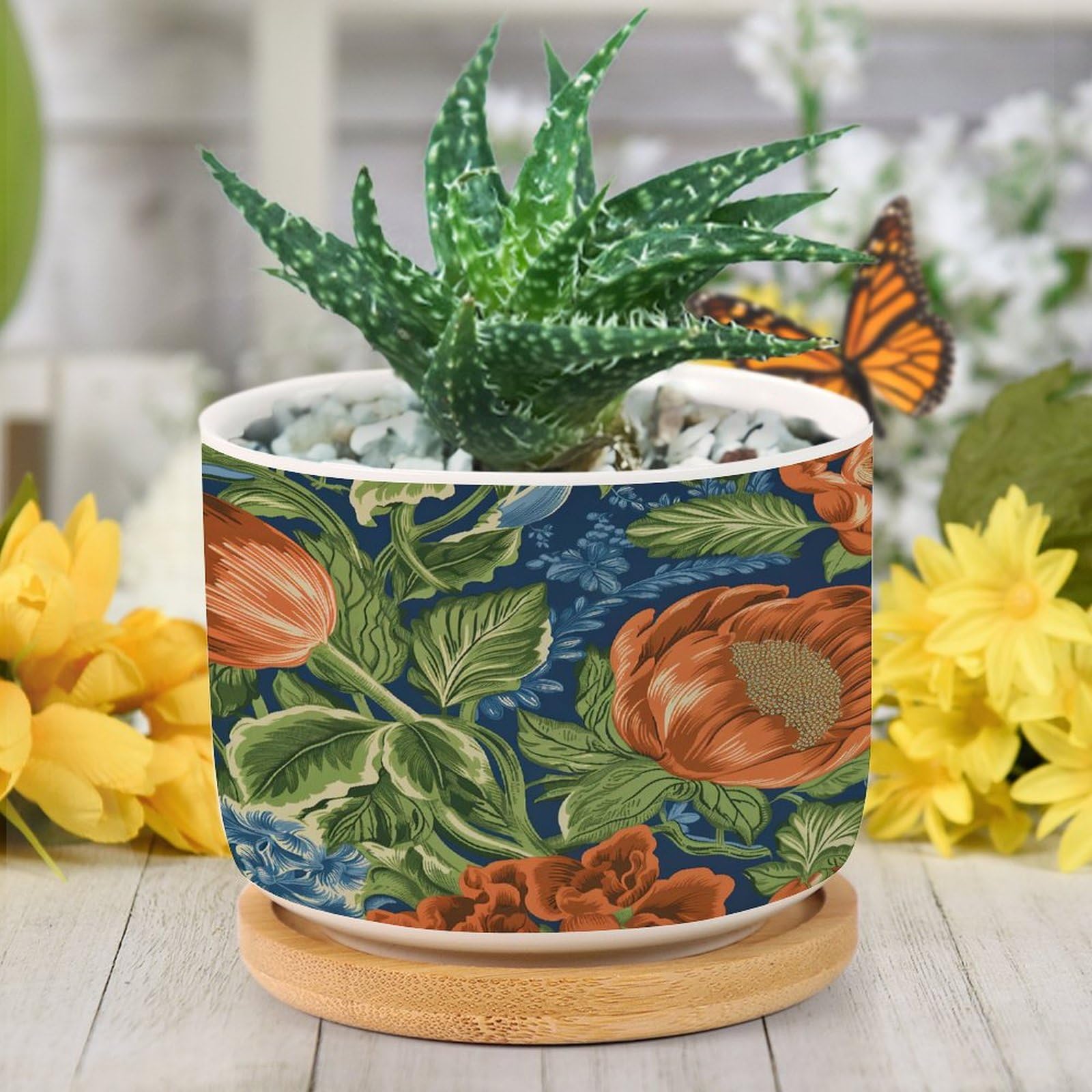 Amazon.com: BRUYU5SE Orange Floral Chinoiserie on Blue Planter