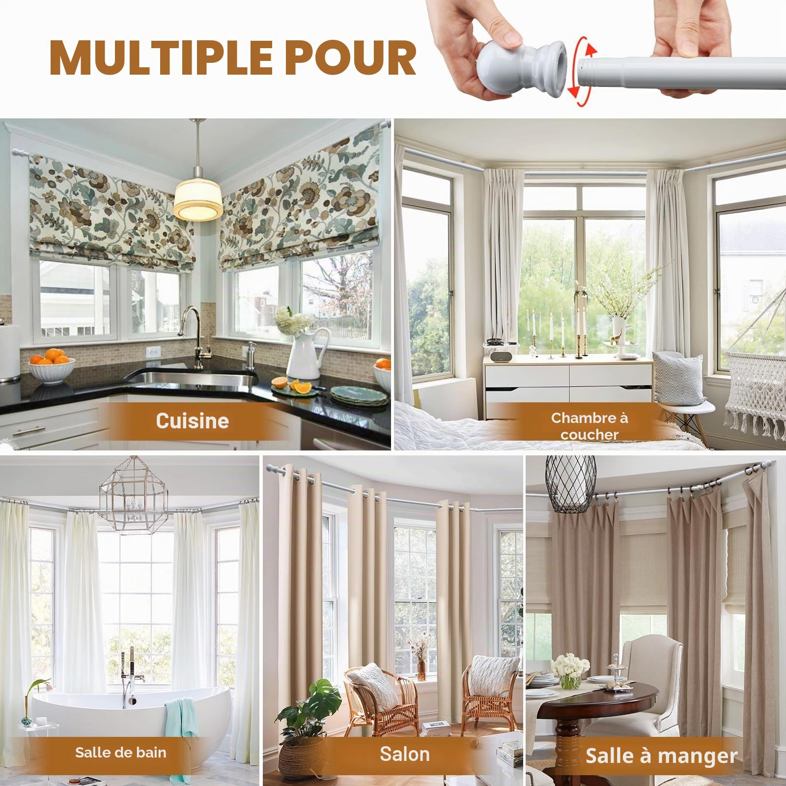 Tringle à rideaux d'angle réglable et robuste en forme de U avec supports pour fenêtres – 91,4 à 406,4 cm – Blanc