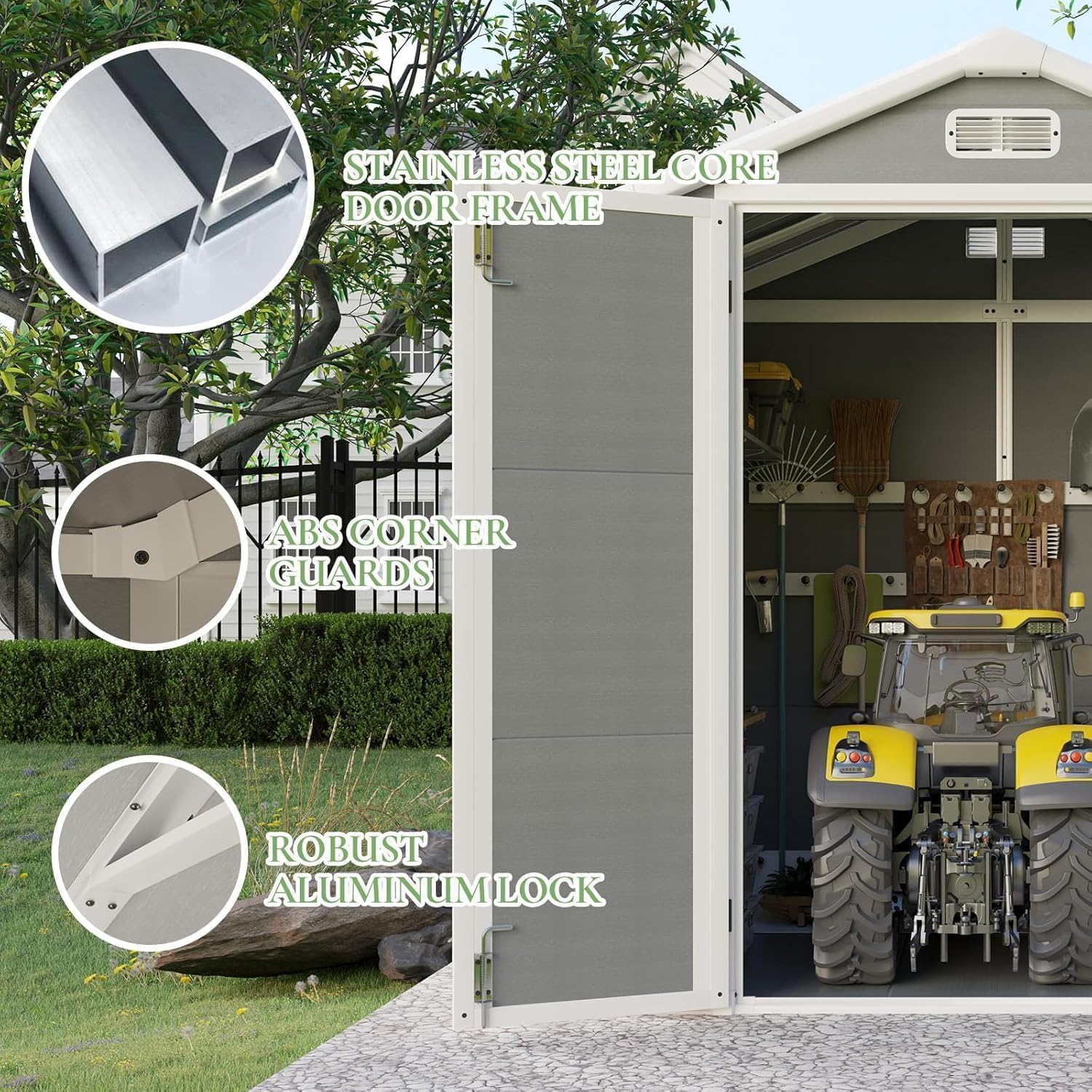8 x 6 ft Resin Storage Shed with Floor, Outdoor Tool Shed with Window, Vents, and Stainless Steel Cores, for Pool Supplies/Lawnmowers/Bicycles, Grey 8 x 6 ft Resin Storage Shed with Floor, Outdoor Tool Shed with Window, Vents, and Stainless Steel Cores, for Pool Supplies/Lawnmowers/Bicycles, Grey