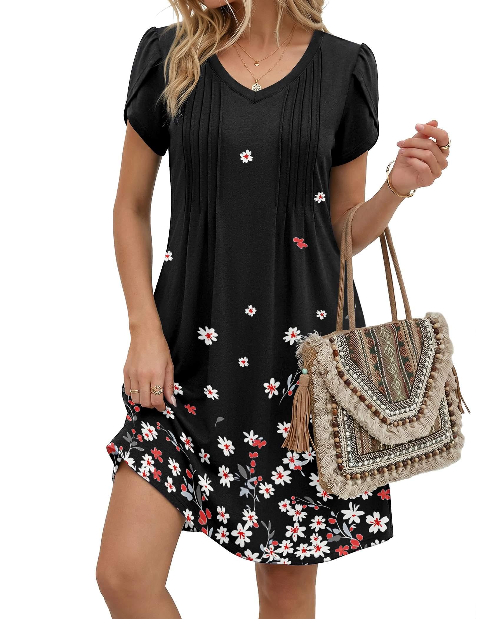 Zeagoo Summer Dresses for Women Casual A Line Dress 2026 V Neck Short Dresses Floral Sundress Pleated Boho Dress Black Floral 02 Medium