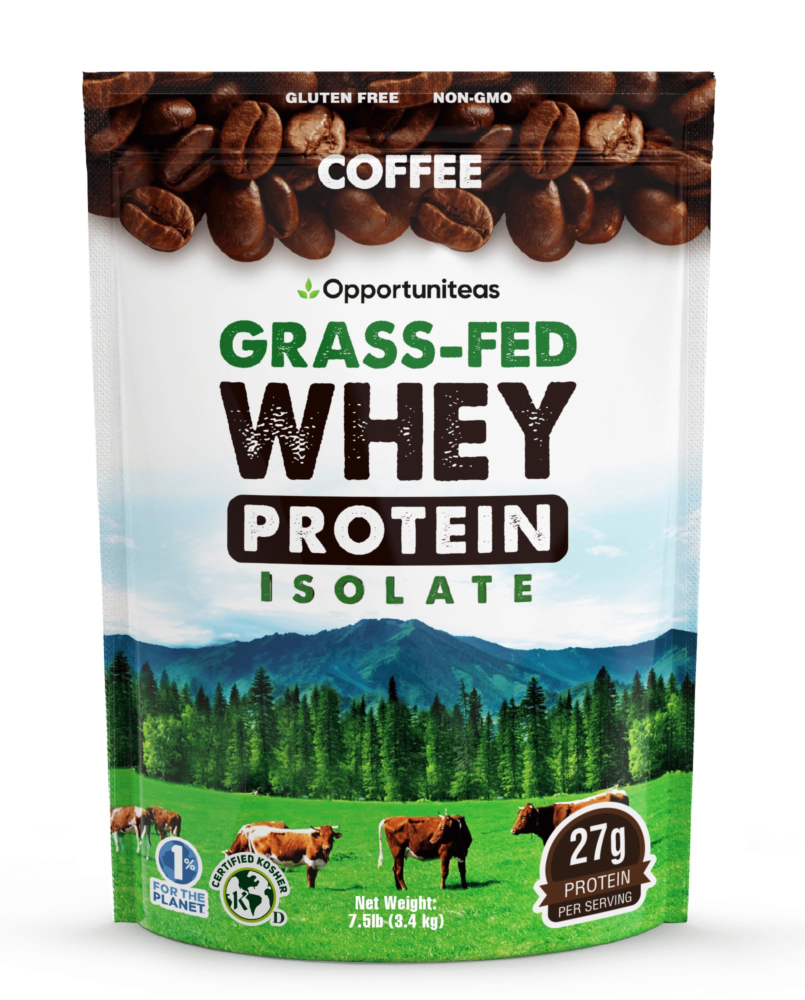 Opportuniteas Grass Fed Coffee Whey Isolate Protein Powder – 27 g Protein per Serving, Heavy-Metal Tested, Made with Real Colombian Coffee, Non-GMO, Hormone-Fre