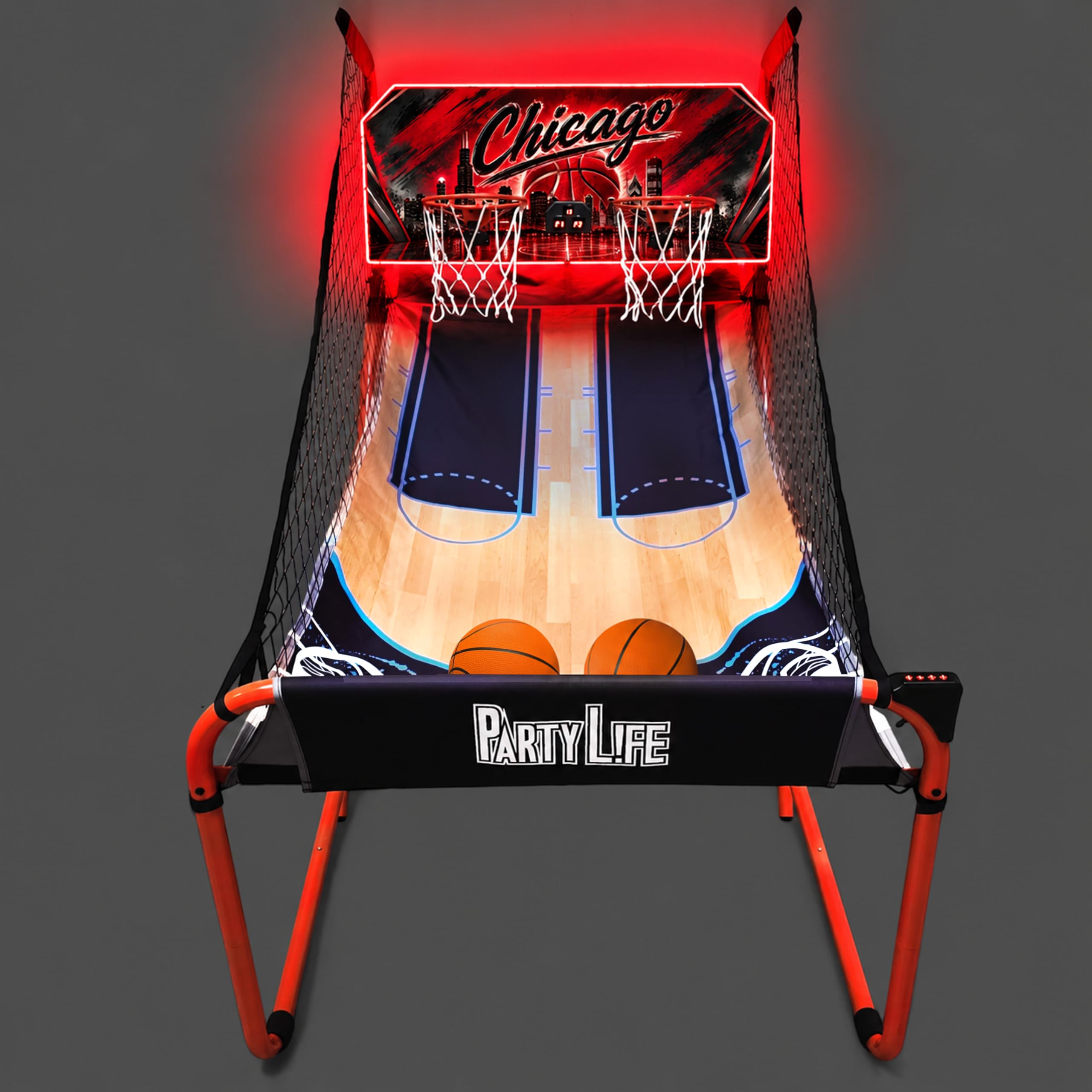 PartyLife 2-Player Basketball Arcade Game w/LED Lights | Electronic Scoring | 5 Balls, 1 Pump, 8 Games | Folding Design | Heavy-Duty Steel Frame