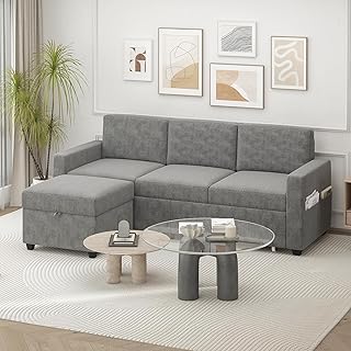 Advwin 3 Seater Sofa 197cm with Storage Ottoman and Drawers, Corduroy Fabric L-Shaped Convertible Modern Sectional Couch S...