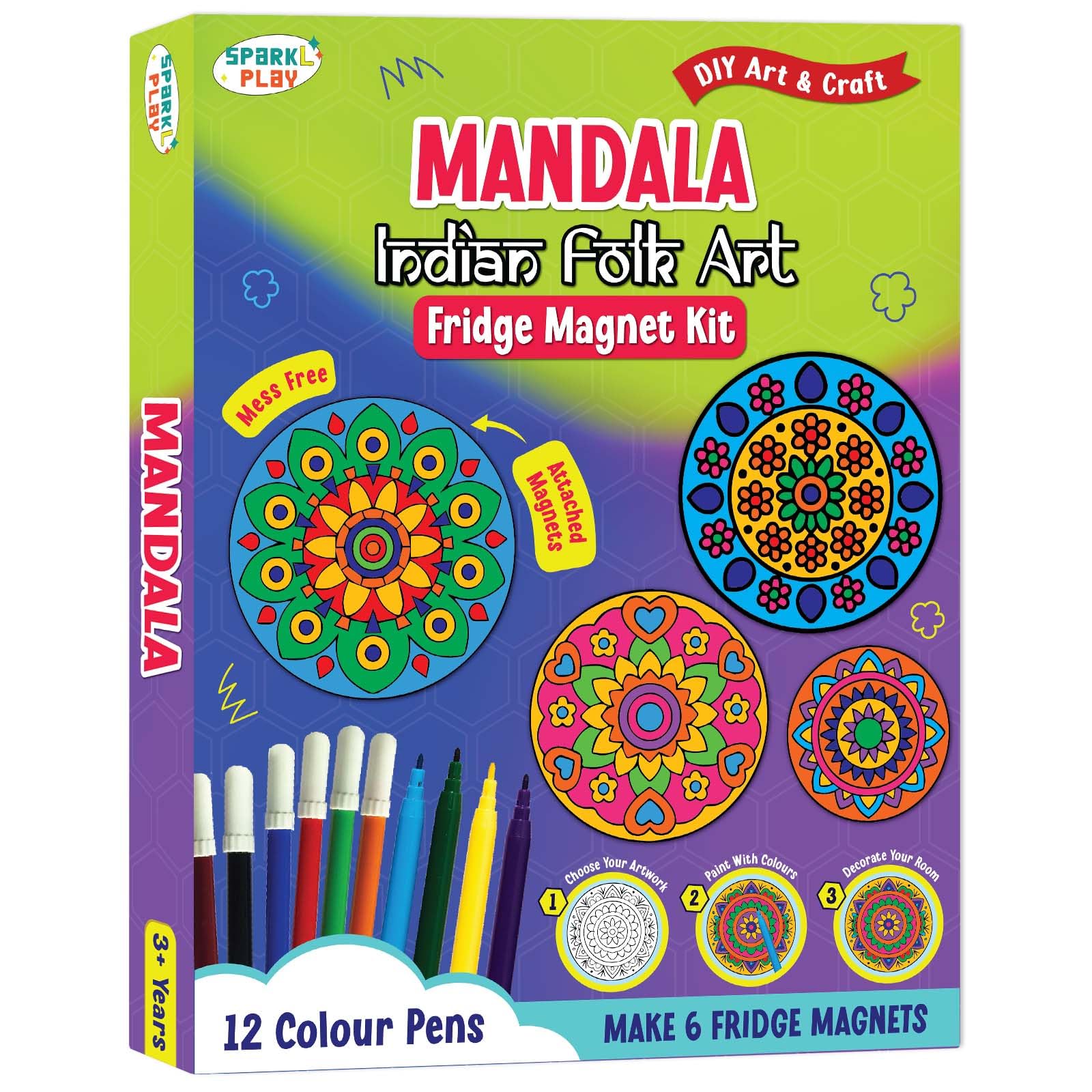 SparkLPlay Mandala Art Fridge Magnet Kit for Kids | DIY Coloring Kit | Compact Size, Easy to Carry - 23 x 18 x 2.5 cm | Mess Free Art & Craft | 6 Magnetic Cutouts & 10 Color Pens.-picture-17