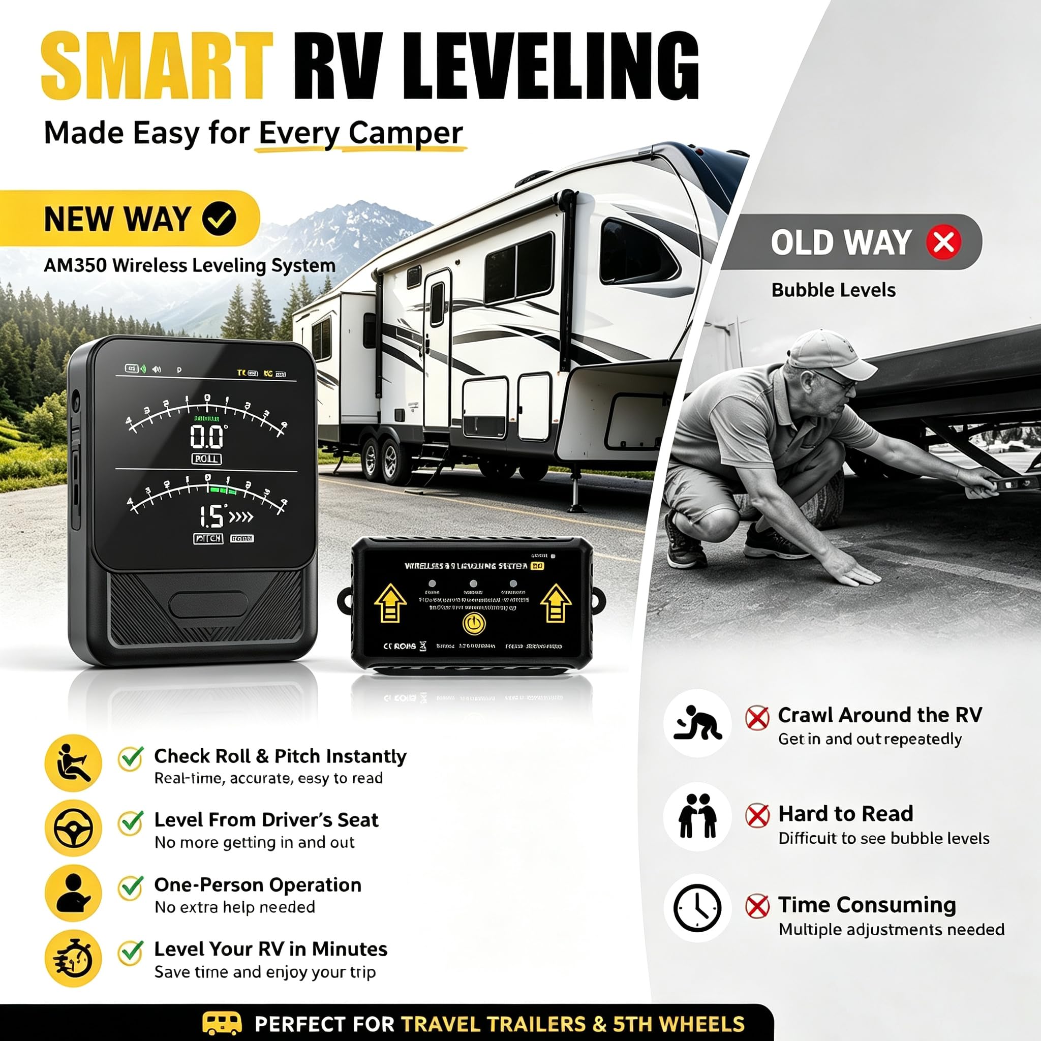 Sistema de nivelación inalámbrico para caravana, sistema de nivelación de cámper, accesorios para caravanas, con pantalla profesional portátil para caravanas, remolques y autocaravanas, fácil de