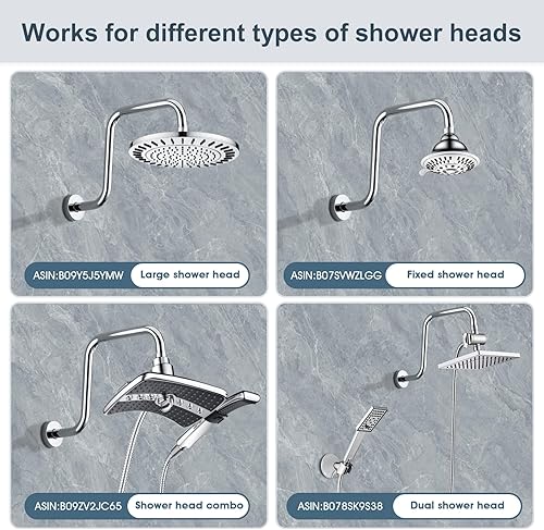 Miniatura 5 de BRIGHT SHOWERS Brazo de extensión de cabezal de ducha de 13 pulgadas con brida en forma de S, extensor de tiro alto largo de acero inoxidable, brazo