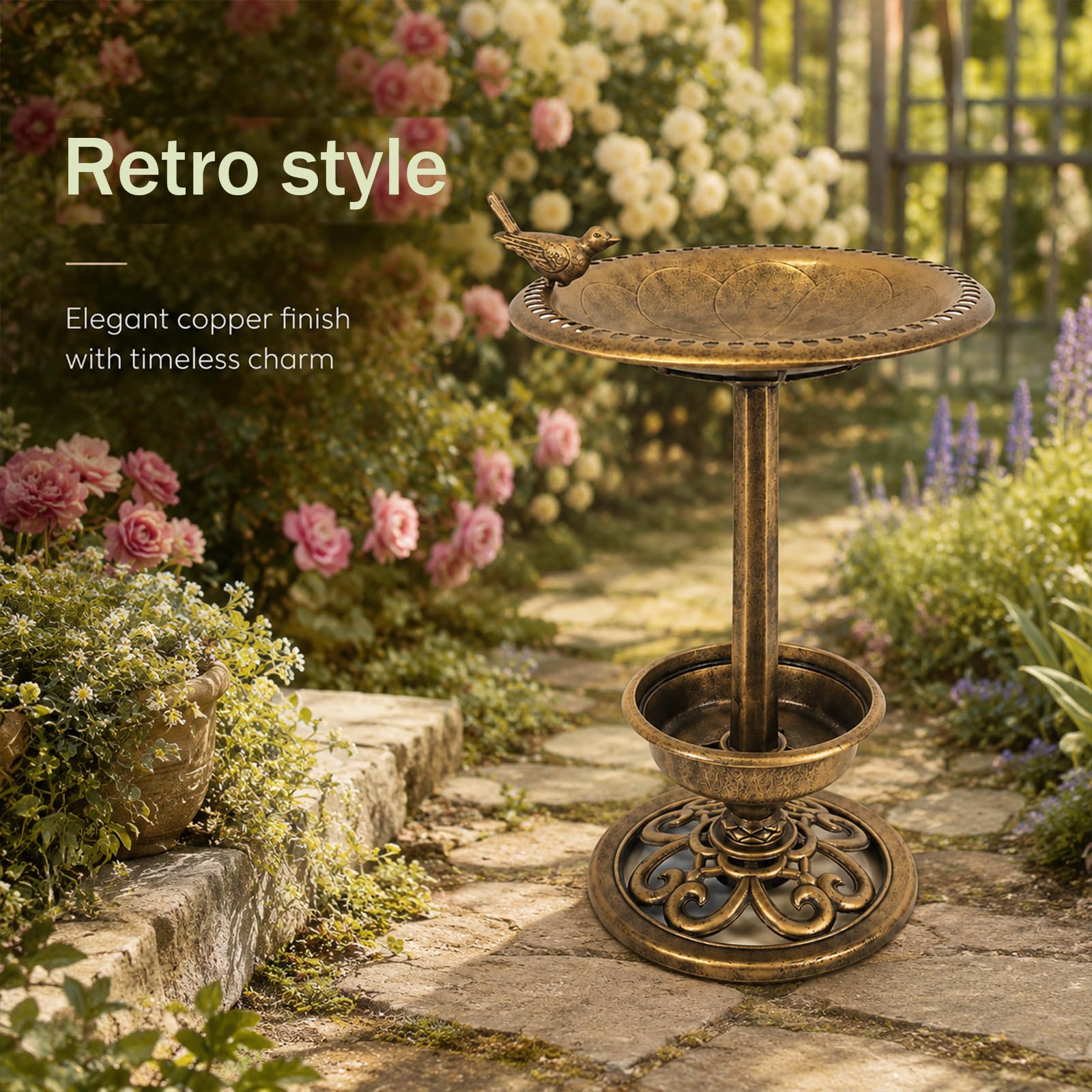 Wassertränke für Vögel, Antike Messing-Optik, Vogeltränke Garten mit Ständer, Vogelbad Stehend, Outdoor, für Terrasse, Hof und Rasen