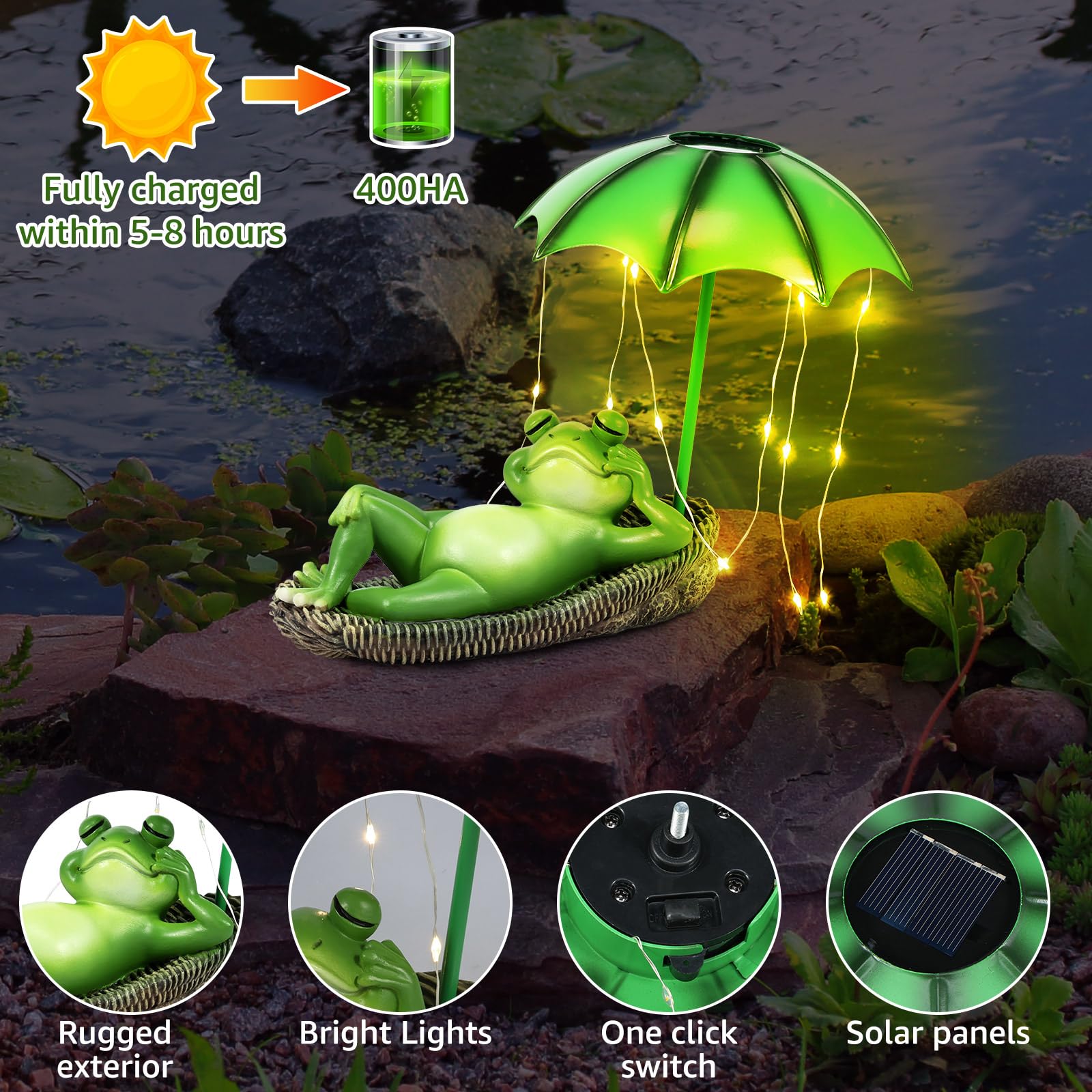 Solar Frog Statues Garden Ornaments Outdoor Garden Decoration Lazy Frog and Umbrella Figurine Waterproof Resin LED Lights Decor for Home Patio Balcony Yard Housewarming Gifts Mothers Gifts for Mum - Image 3