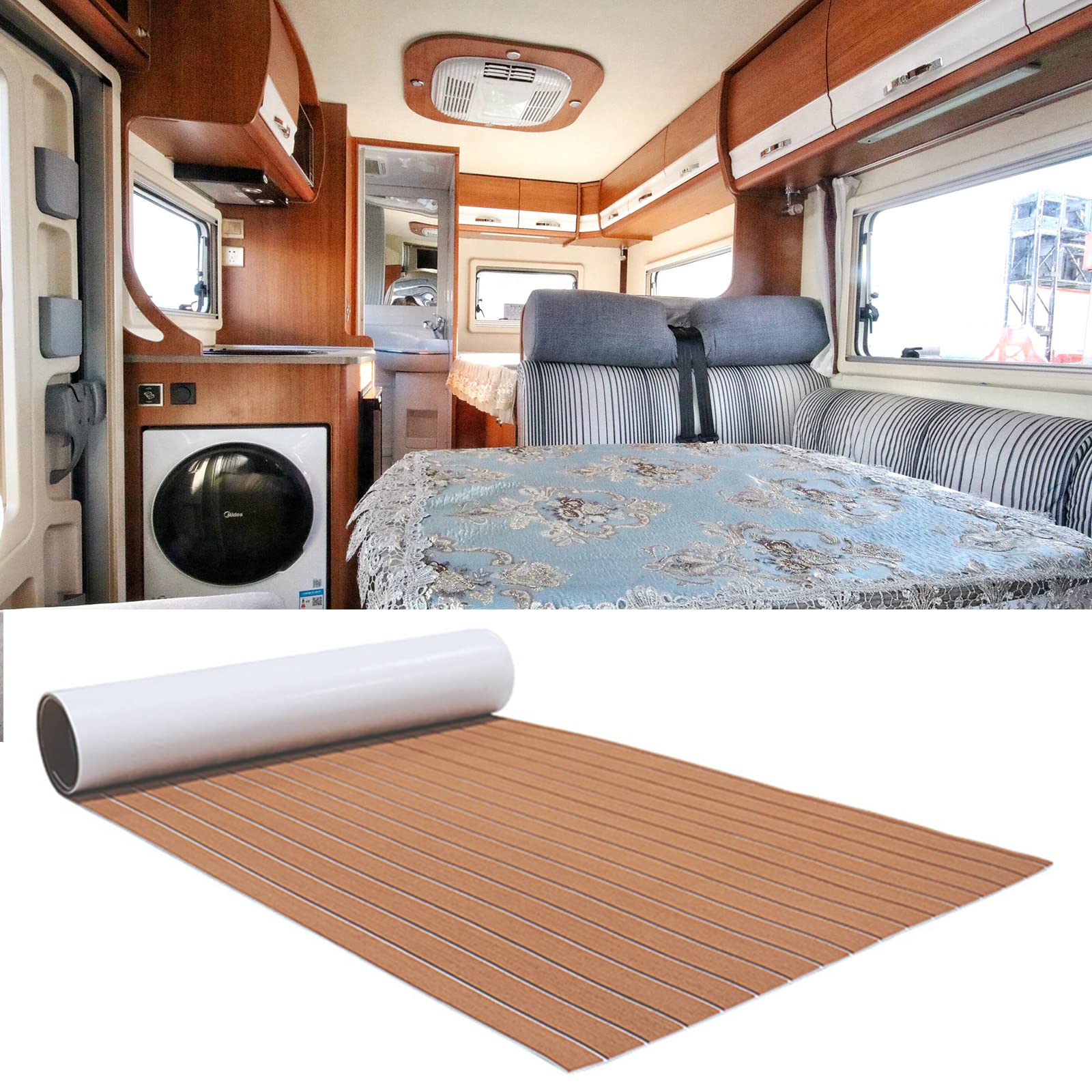 Alfombrillas de goma EVA antideslizante de espuma marrón + blanco, 6 mm de grosor, 240 x 90 cm, autoadhesivas, para yates, barcos y gimnasios