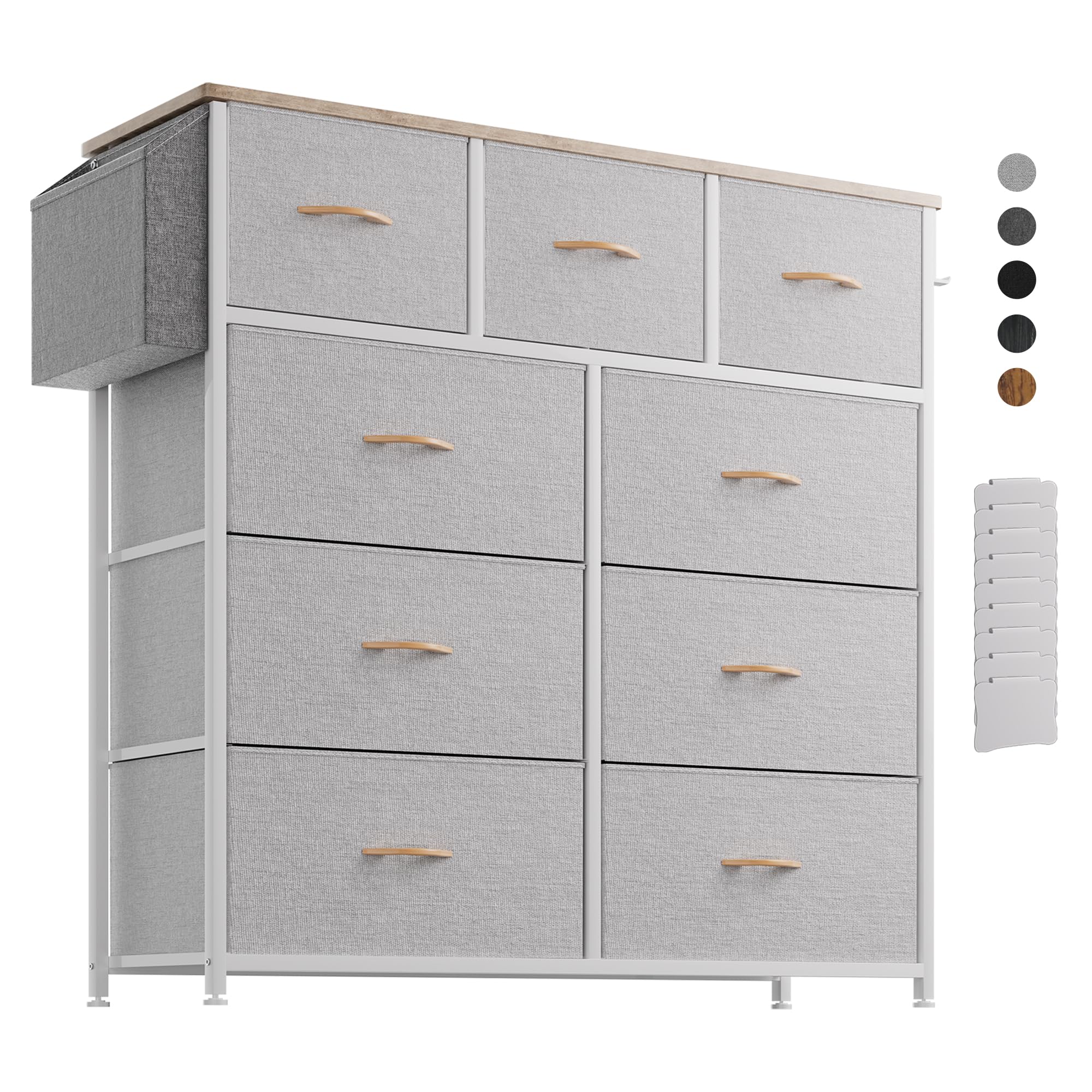 Cassettiera in Tessuto - Cassettiere Stoffa con 9 Grandi Cassetti, Etichette, Tasca Laterale e Gancio per Soggiorno, Corridoio, Camera da Letto