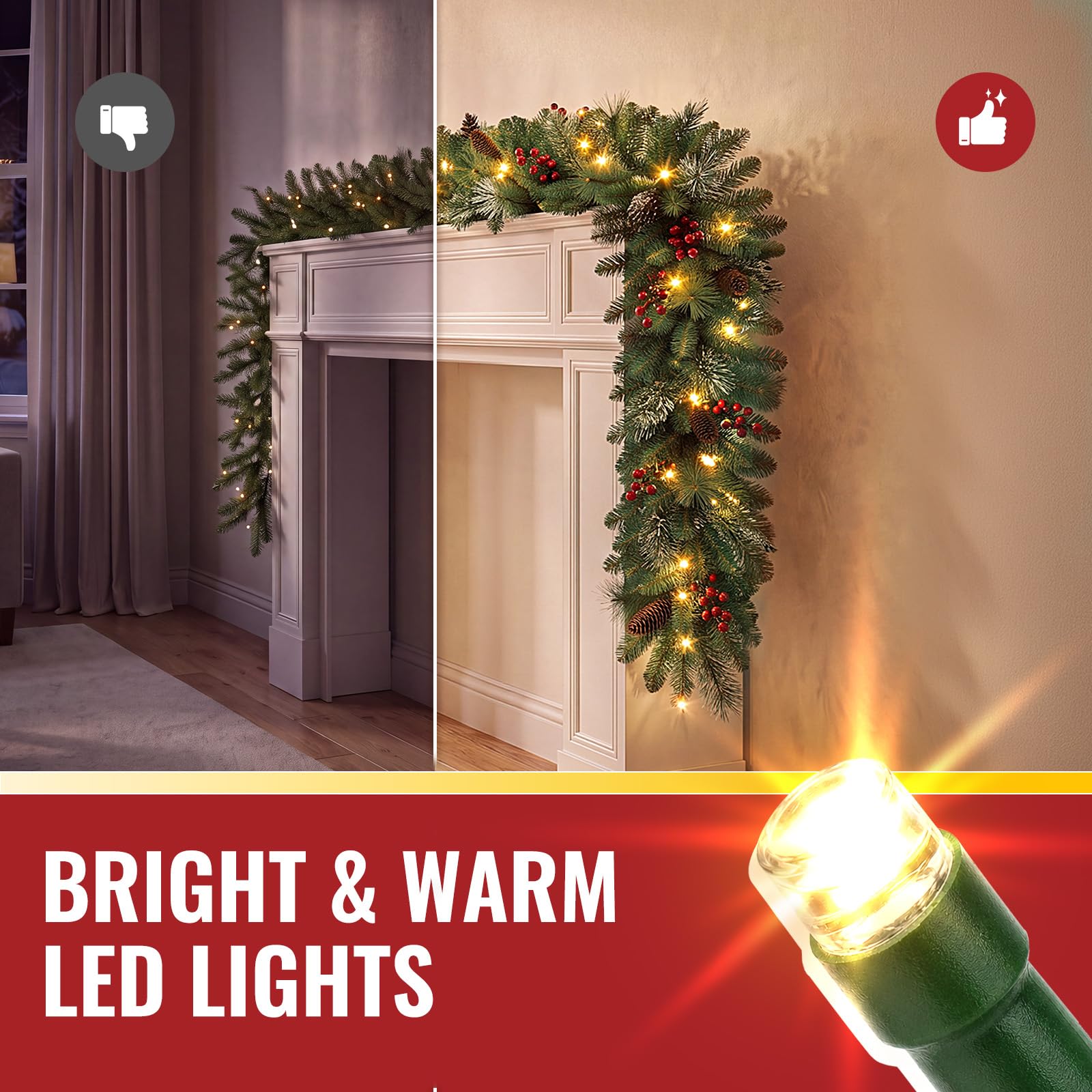 OasisCraft Ghirlanda di Natale pre-illuminata da 2,7 m con pinoli e mazzi di bacche, ghirlanda innevata in PVC e polietilene con 50 luci LED, funziona a batterie e timer per la