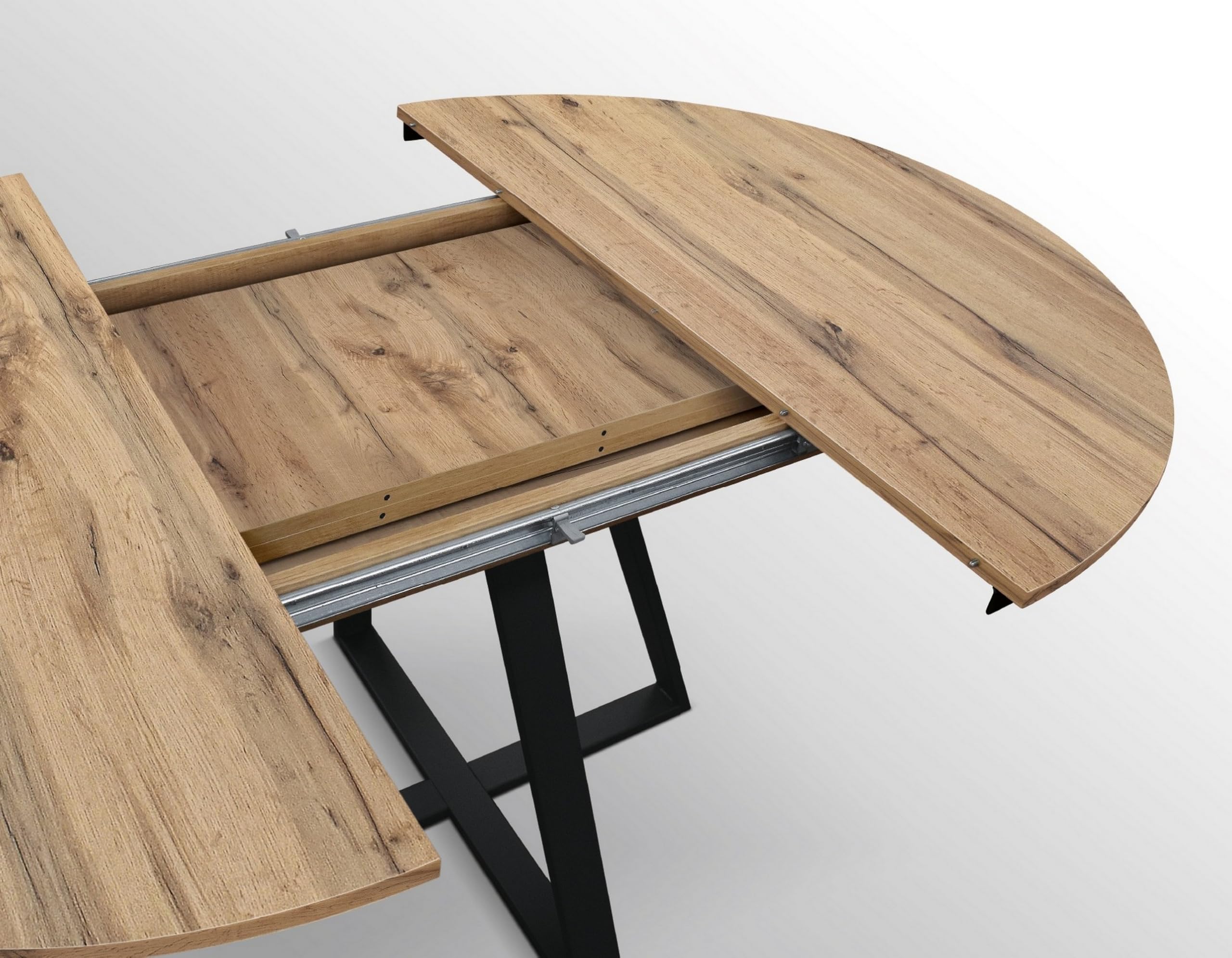 KONTE.DESIGN Tavolo rotondo PANTELLERIA in legno effetto rovere rustico con base a X in metallo antracite, allungabile ⌀120 cm - ⌀170 cm