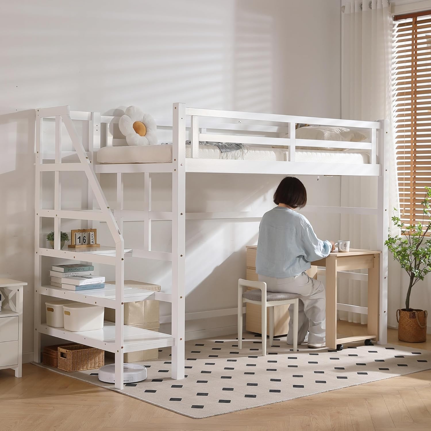 木製ロフトベッド シングルサイズ 収納棚と階段付き ロフトベッド システムベッド 階段付き 天然木製 シングルサイズ 収納