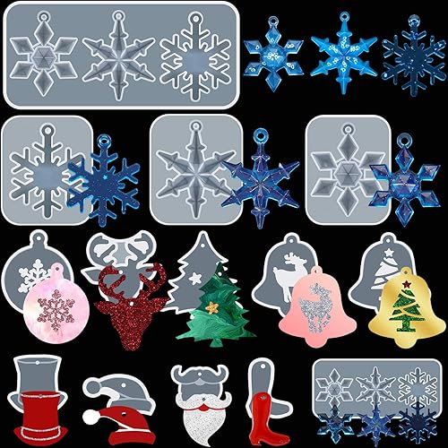 14 moldes de silicona de resina de Navidad moldes de llavero de copo de nieve de Navidad molde de de fundición epoxi molde de de campana con agujero