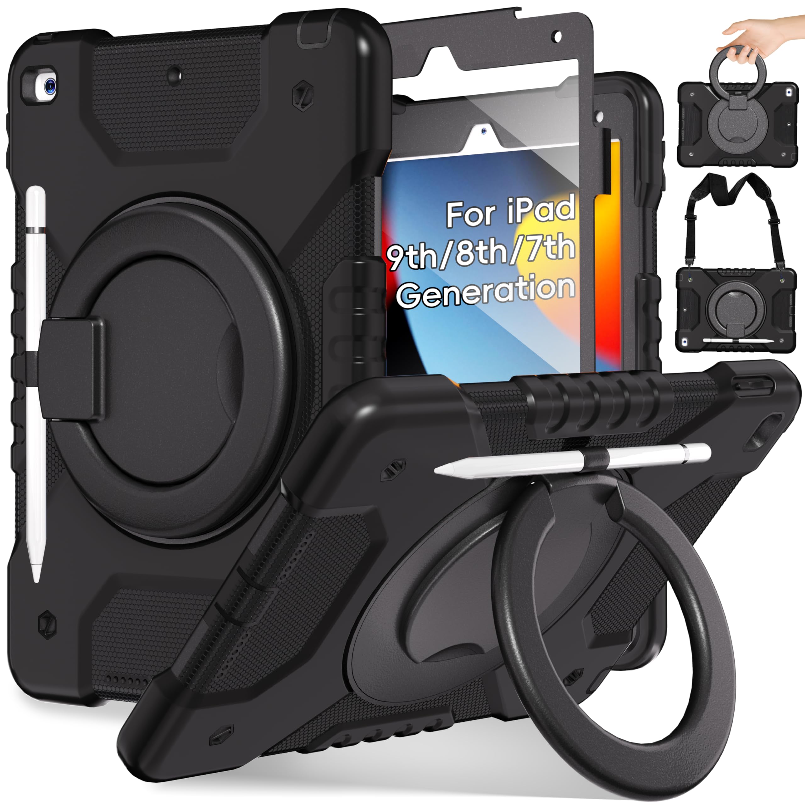 Andnary Case for iPad 9th/8th/7th Generation 10.2 inch, Shockproof Cover with Screen Protector/360° Rotating Handle/Bracket/Pen Holder/Shoulder Strap,