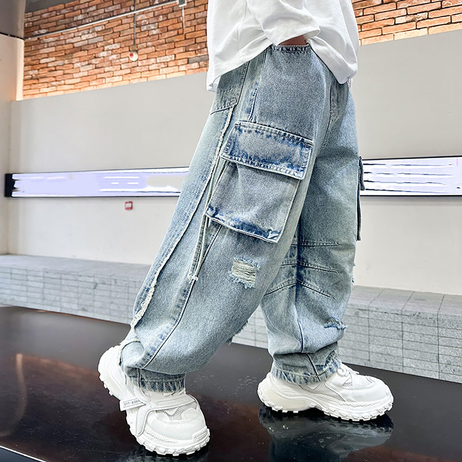 Pantaloni Baggy Ragazzo Cargo - Jeans Bambino, vestibilità Larga, con Tasche Resistenti, Pantaloni Tuta Ragazzo Hip Hop Streetwear, per Adolescenti, Resistenti E Comodi