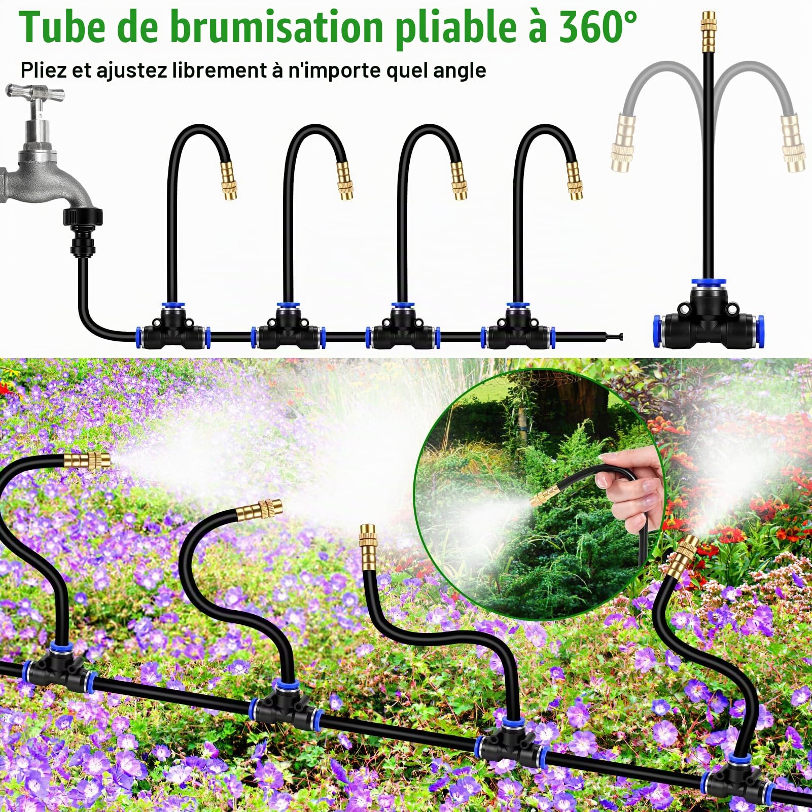 360° Curved Système D'Irrigation Jardin, 30M Kit Arrosage Automatique Avec Raccords Rapides, 24 Buses En Cuivre Orientables, Système D'Irrigation Goutte À Goutte Pour Plantes, Jardin, Pelouse Et Serre
