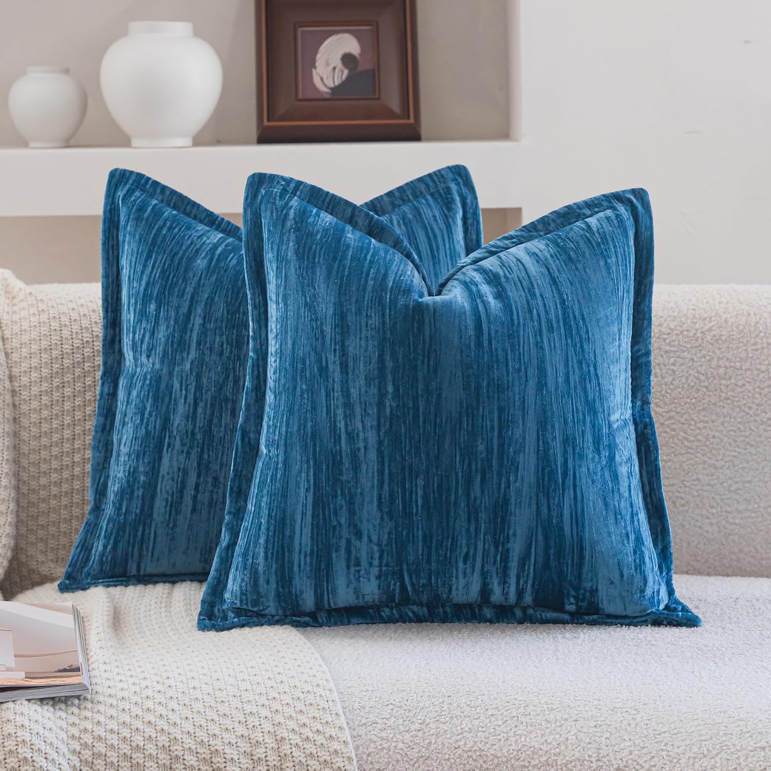 Neelvin Set of 2 Velvet Decorative Throw Pillow Covers 20x20 Inch Blue Modern Luxury Cushion Covers Textured Pillow Cases for Living Room Home Decor Couch Sofa