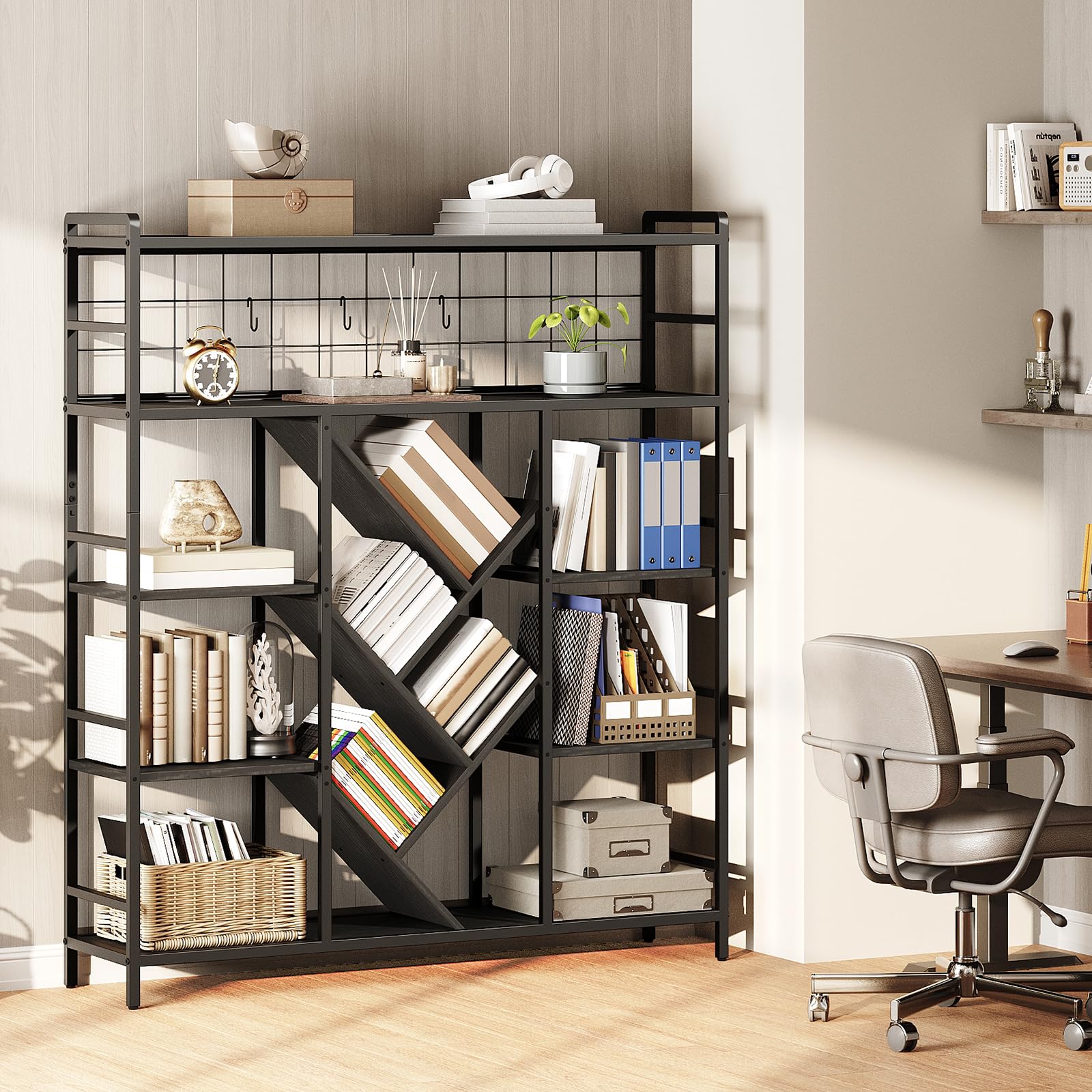 RALGEND Triple 5-Tier Bookshelf, Industrial Large Wide Bookcase with 14 Open Display Shelves, Modern Tree Bookcase Metal Frame Bookshelf with Hanging