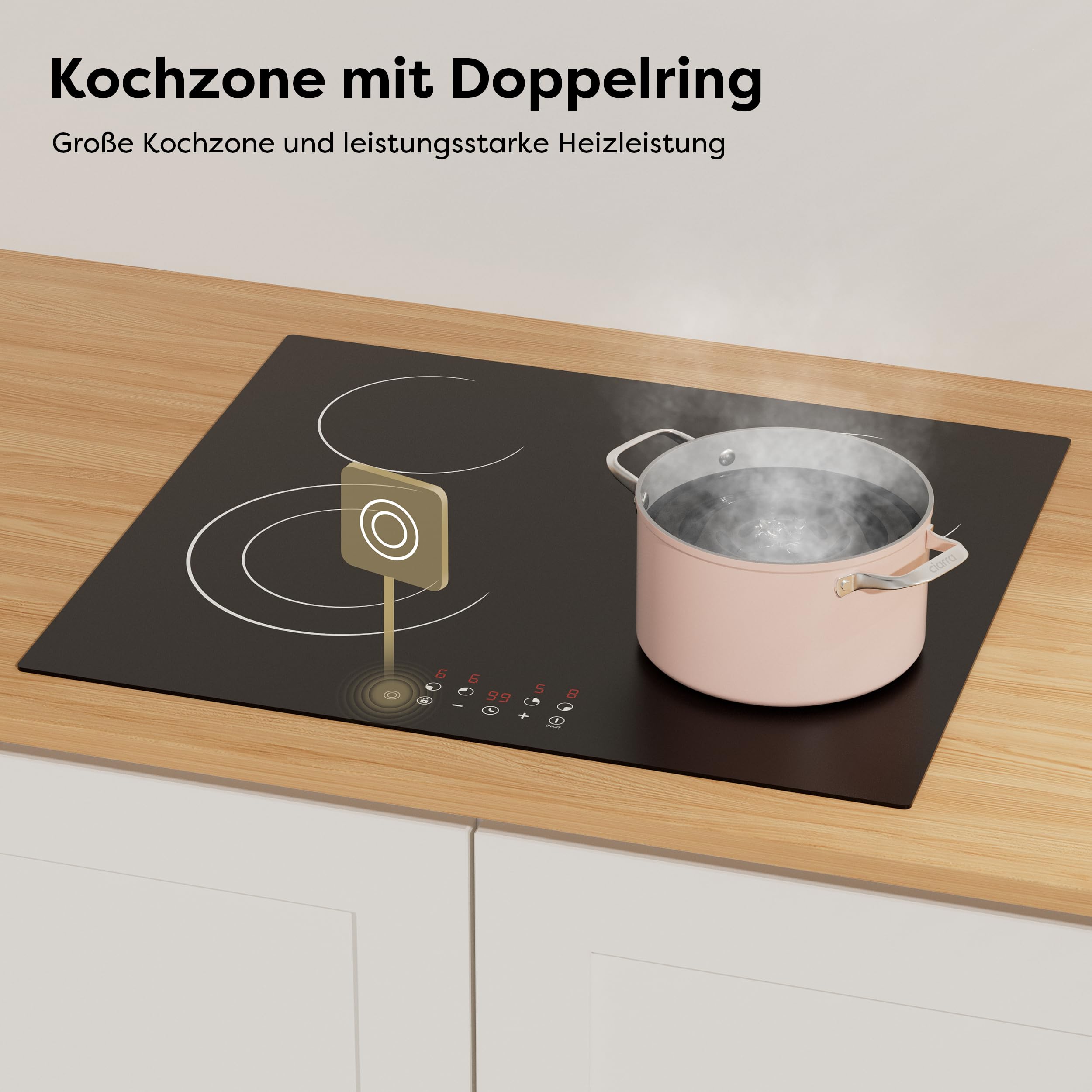 CDV Glaskeramikkochfeld 4 Kochzonen 60 cm 6600 W | Autarkes 60-cm-Einbaukochfeld ohne Stecker, mit Touch, Timer, Kindersicherung und Restwärmeanzeige