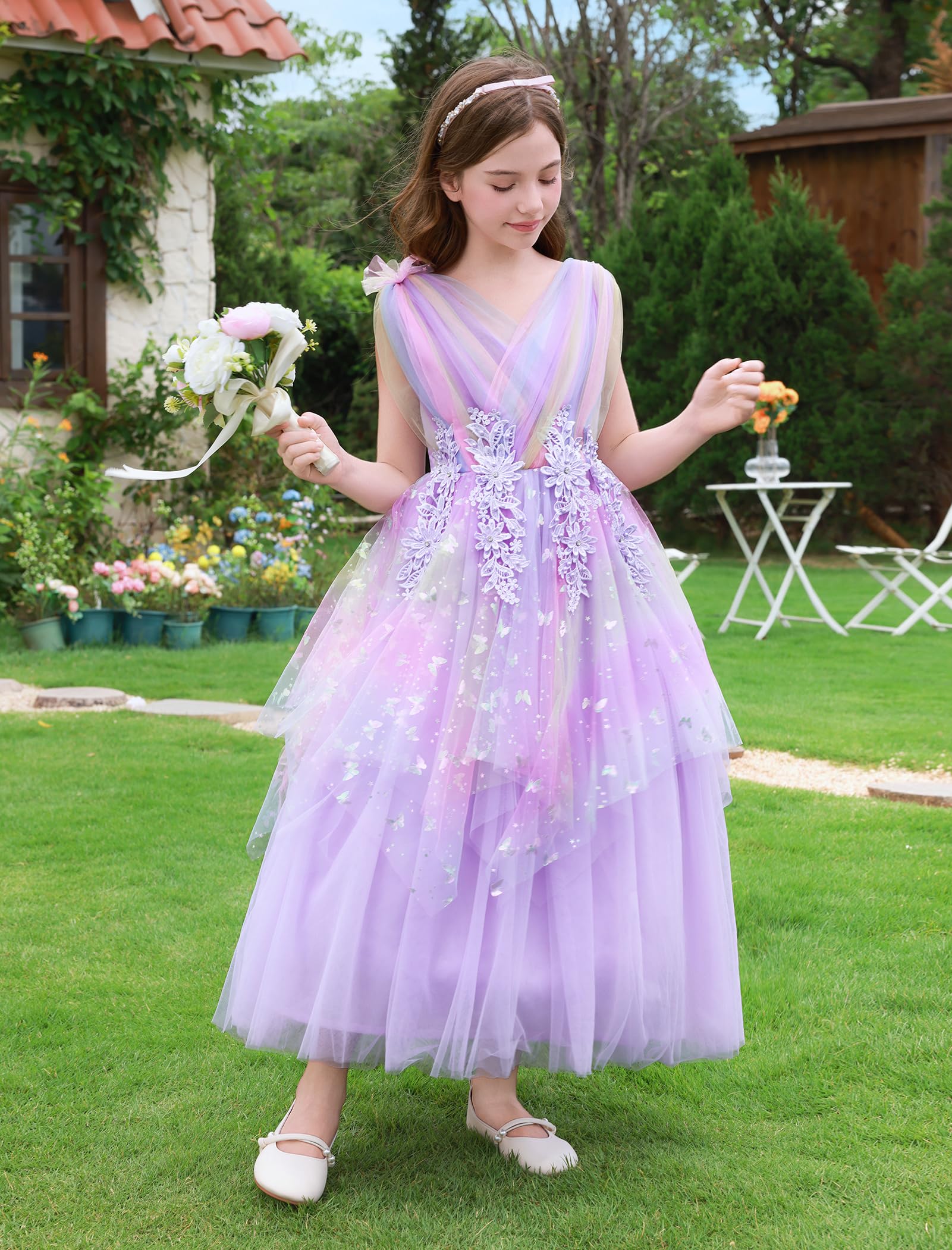 Vestido de niña de boda princesa vestido de tul vestido de fiesta de flores | Falda de tul multicapa con adorno floral y silueta elegante para bodas, cumpleaños y ocasiones especiales