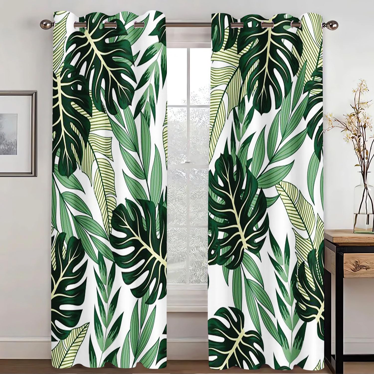 KARPIX Opaque Tropical Plants Palm Leaves Monstera Blackout Curtain Natural Theme Window Curtain with Eyelets for Children's Room (3.150 x 166 cm (2 x 75 x 166 cm))