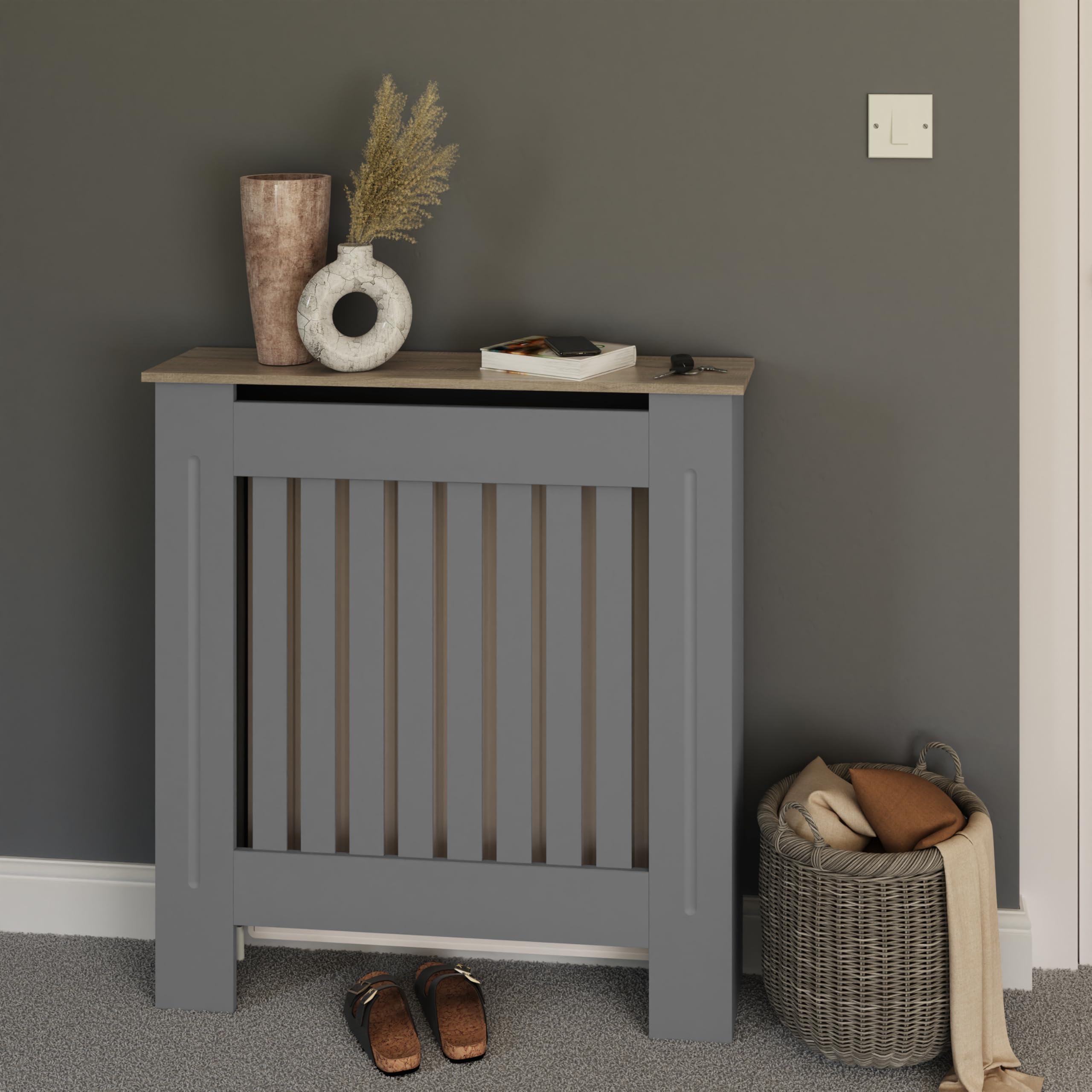 GFW Longslow Small Grey Radiator Cover Slatted Wood Design Top Shelf Display Living
