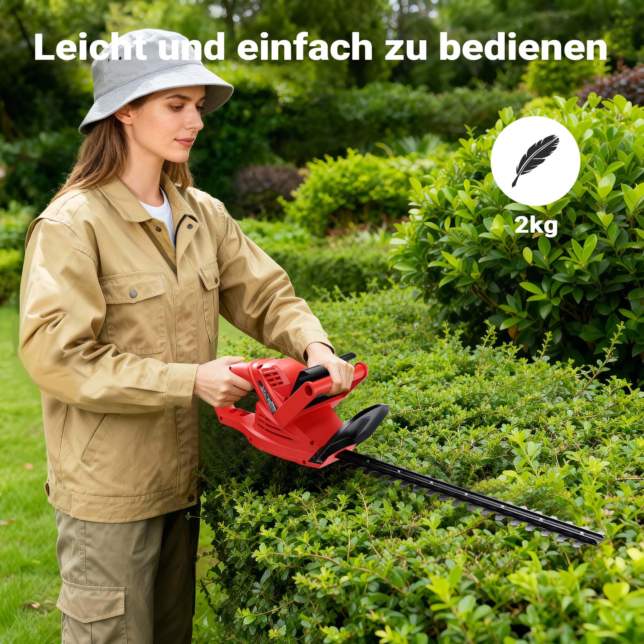 Wiltec Elektrische Heckenschere 520 W, Heckenschneider mit Schnittlänge 450 mm, Heckensäge mit Schnellstopp-Bremse, Freischneider mit Handschutz