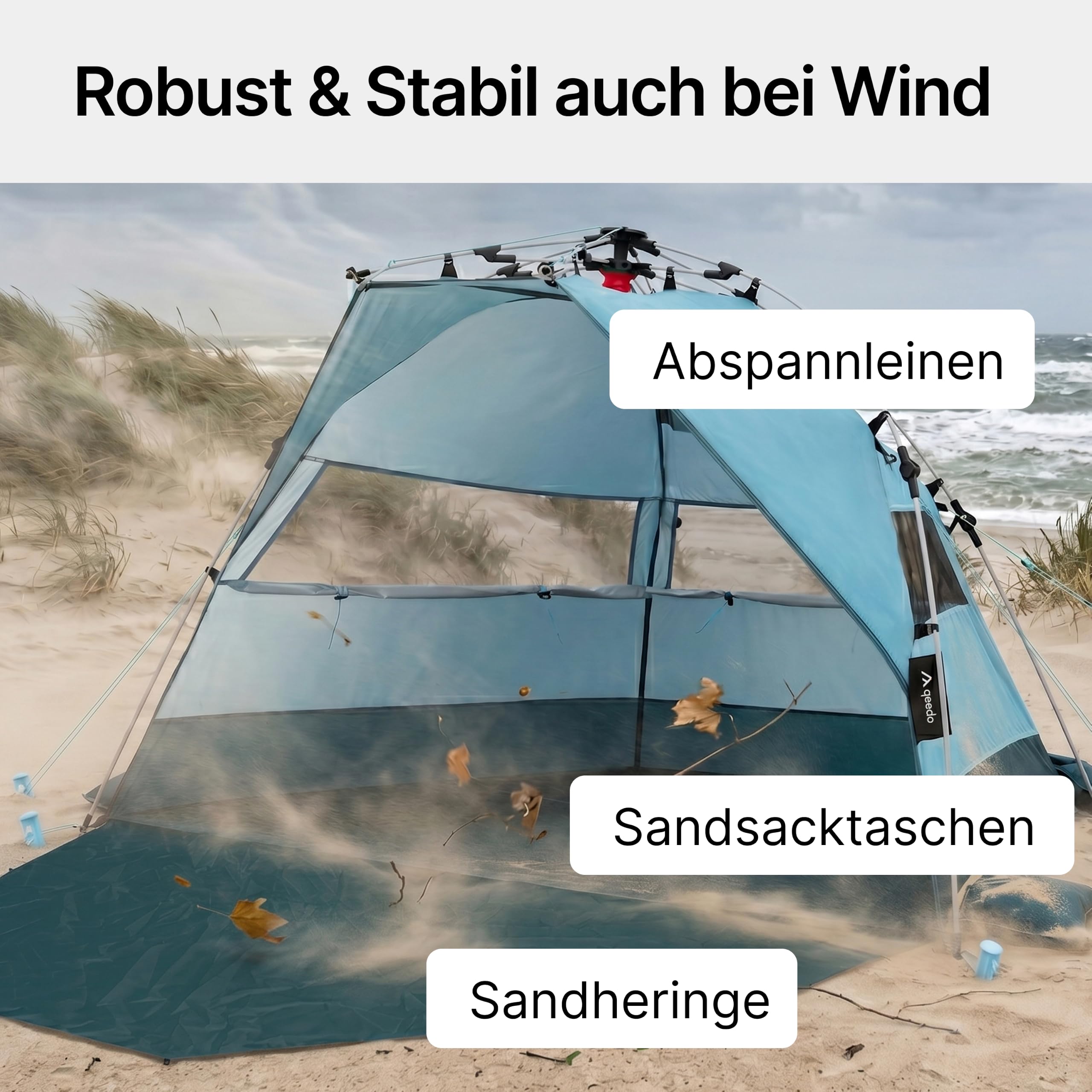qeedo Quick Bay Pro Große Strandmuschel UV-Schutz UV80 3 Personen inkl. Sandheringe Roll-in-Bag