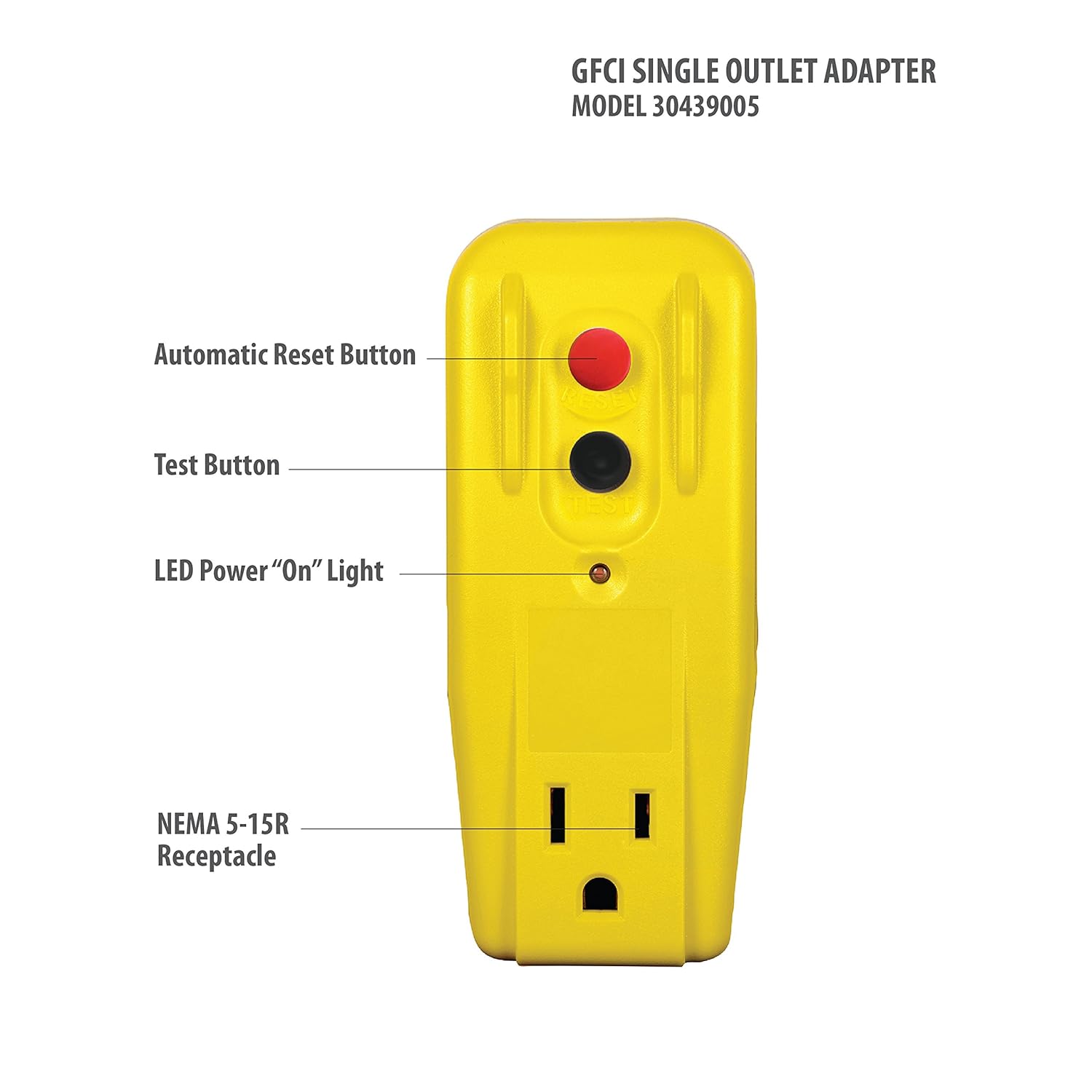 Tower Manufacturing 30439005 Auto-Reset 15 AMP Grounded 3-Prong GFCI Single Outlet Adapter, Yellow (Twо Расk)