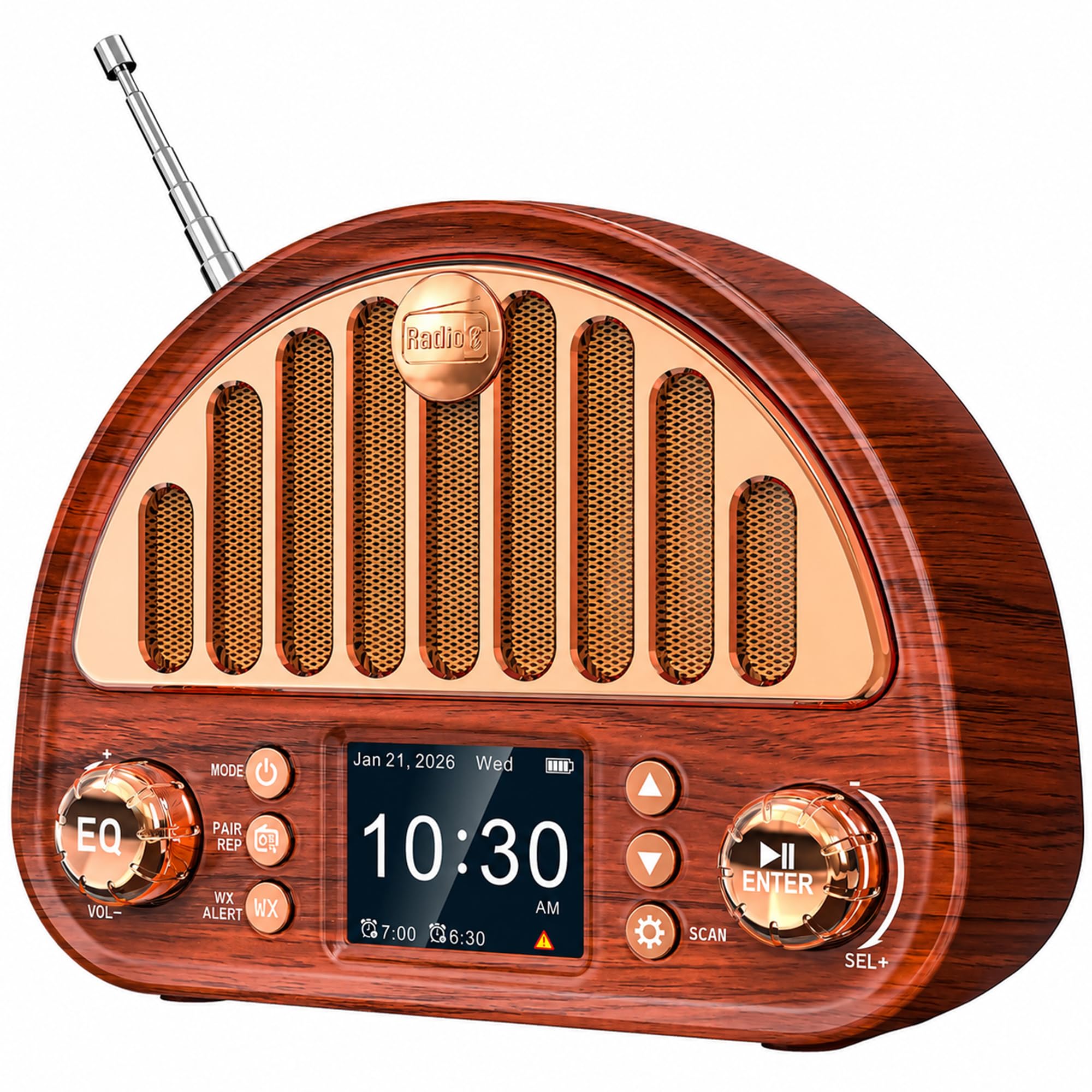 Vintage Bluetooth Clock Radio with NOAA Weather Alert & Digital Dual Alarms, 40 FM Presets | Sleep Timer | rechargeable battery, Wood-grain Design with Soft Color Display, TF Card, AUX for Bedroom Use-image-36