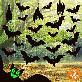 21Pcs Hanging Bats Halloween Decoration Outdoor,Large Flying Bats Outside Halloween Decor with Glowing Eyes,6 Different Size Black Bats for Trees Porch Yard Lawn- Hanging Halloween Decorations