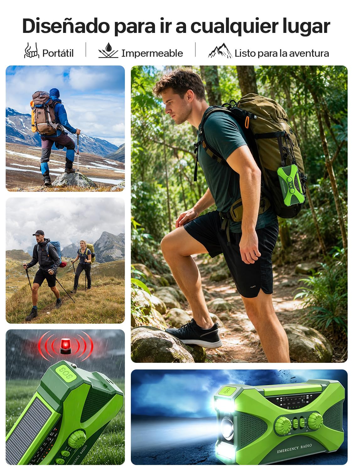 Radio Manivela Solar Emergencia, Emergencia Portátil, Manivela Solar Am/FM, Batería Power Bank 10000mAh, Radio de Supervivencia con Manivela, Linterna, Alarma SOS (Verde)
