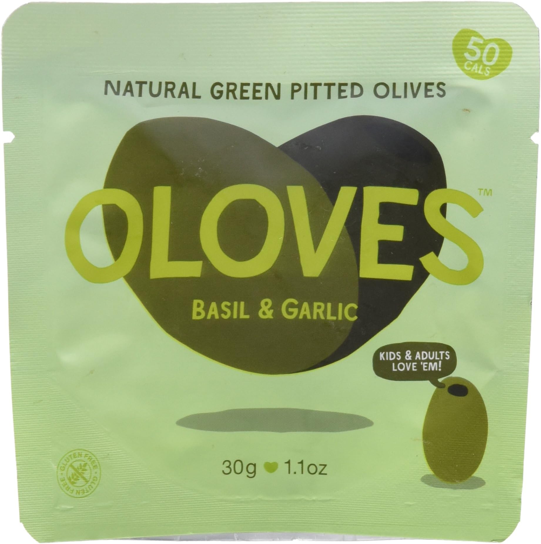OLOVES Whole Pitted Green Olives | 48 Pack | Basil & Garlic | Vegan, Kosher, Gluten Free + Keto Friendly, All Natural Low Calorie Healthy Snacks | 1.1oz Bags