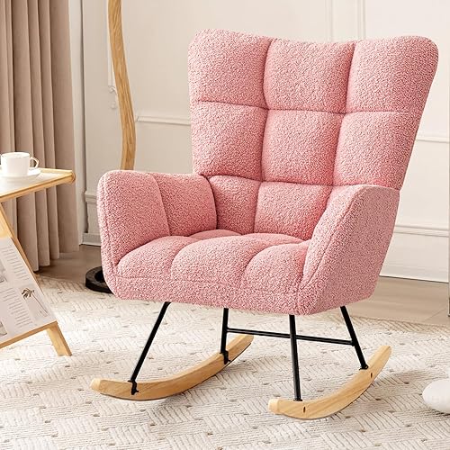 Furniliving Mecedora tapizada de piel sintética, asiento acolchado acolchado con respaldo alto, cómoda silla de lectura para guardería, sala de
