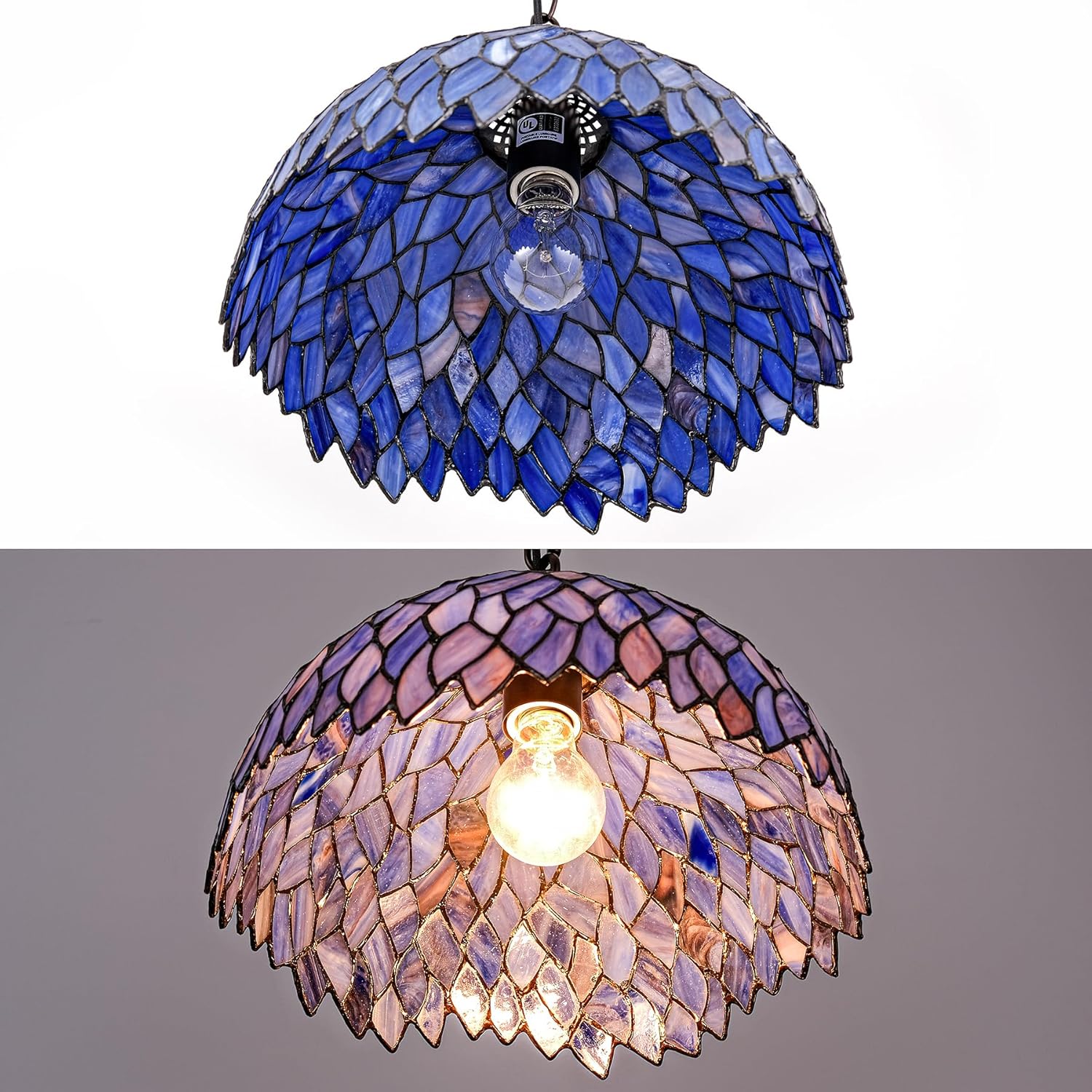 Tiffany Style Stained Glass Pendant Light Plug in, 12" Wide Wisteria Design Hanging Lamp, 60 Inch Chain 15 Feet Cord Living Dining Room Bedroom Kitchen Home Office (Blue)