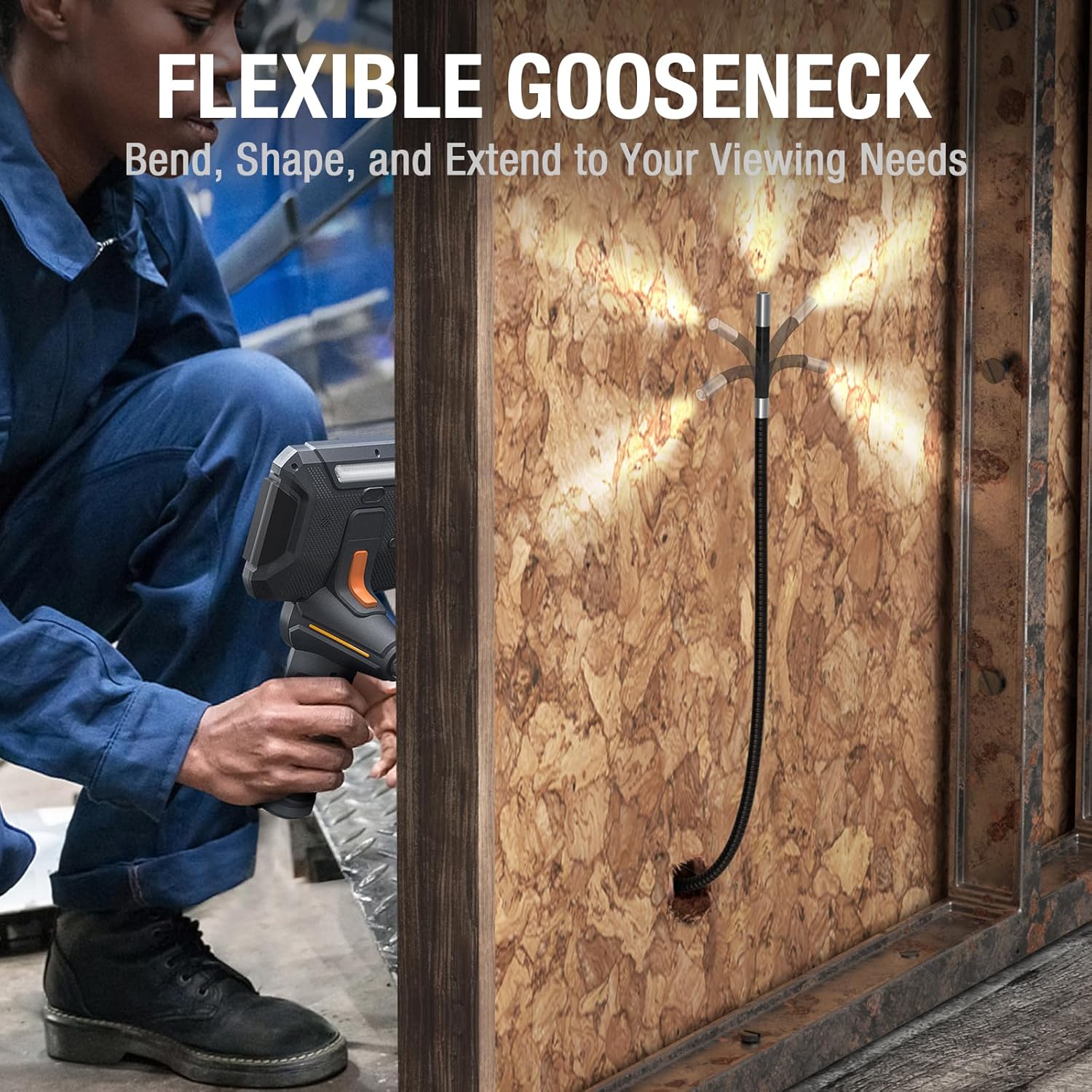 A person using the Teslong borescope with its flexible gooseneck probe inserted into a wall cavity, demonstrating its ability to bend and shape for various viewing needs.