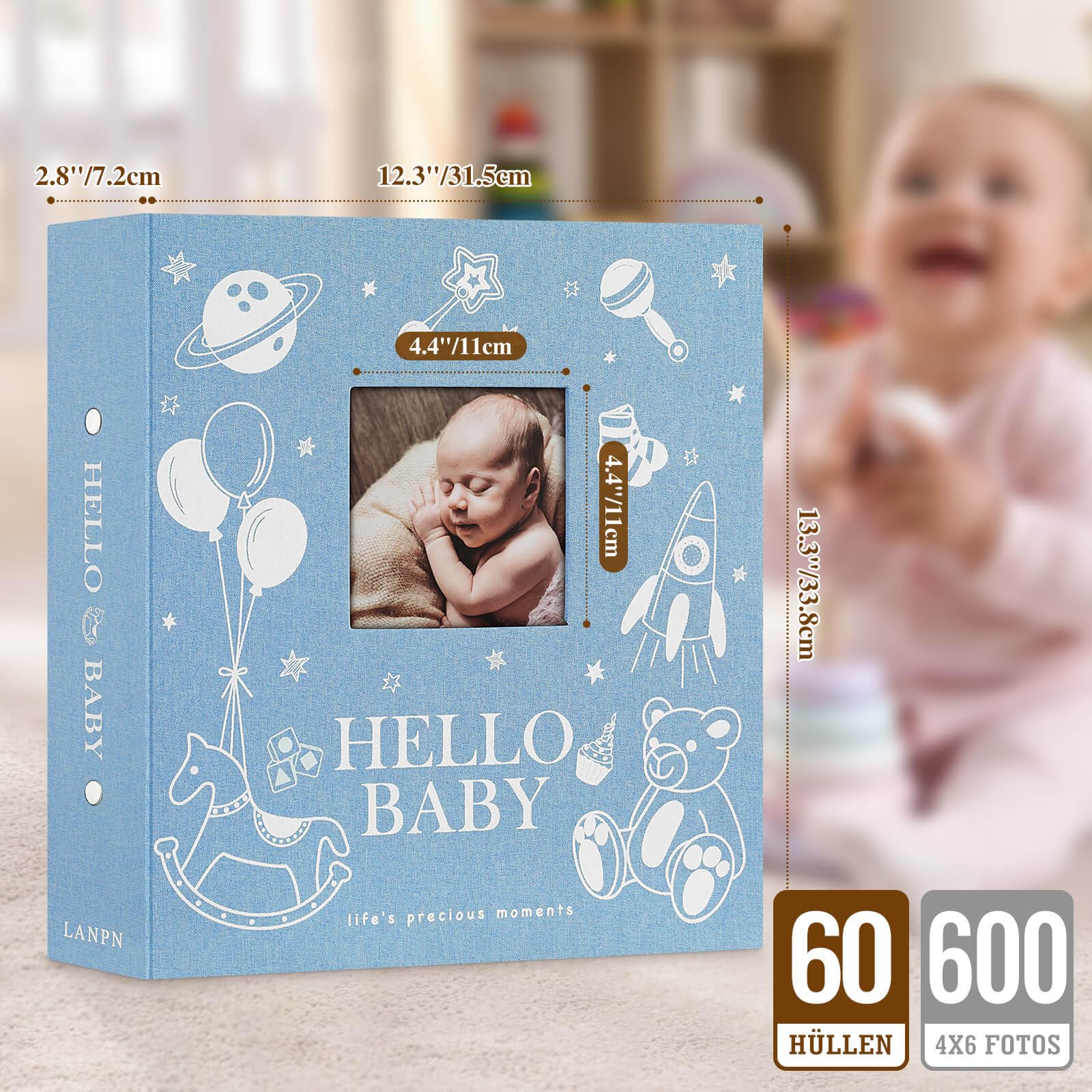Lanpn Baby Fotoalbum 10x15 600 Fotos, HELLO BABY Leinen Baby Fotobuch Einsteckalbum Babyalbum Erinnerungsbuch Babybuch für 1. Geburtstag Junge Neugeborenes Kinder Mein Erstes Bebe (Blau)