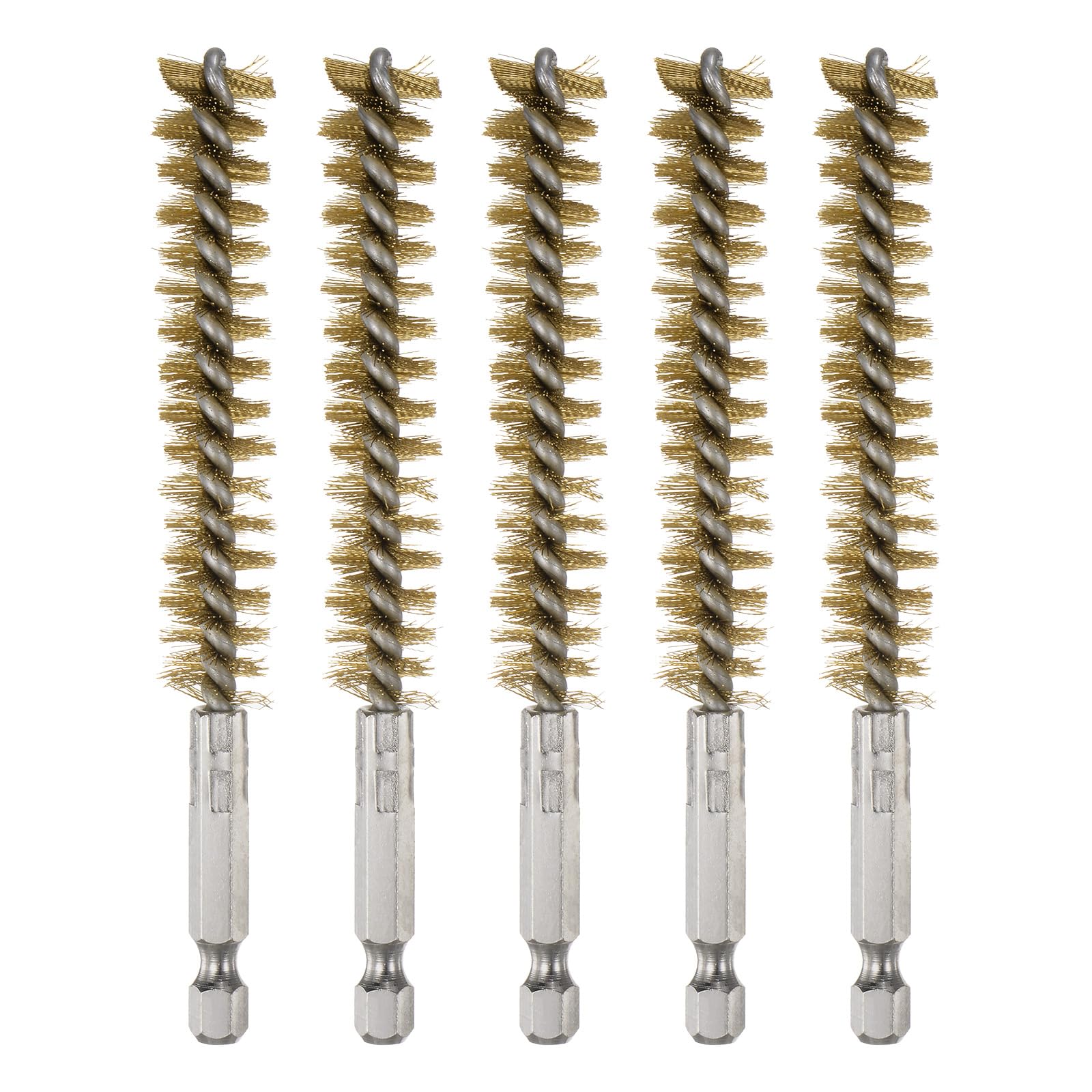 sourcing map 5Pcs Bore Brush Brass 13mm Dia Cleaning Twisted Bronze Wire Brush Tube Pipe Cleaner with Handle 1/4 Inch Hex Shank for Tubes, Ports, Bearings