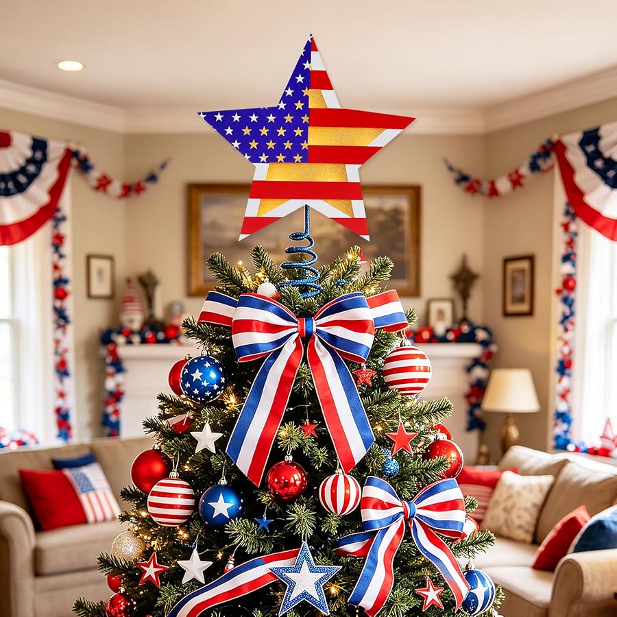 Fangoo 9.8 Inch 4th of July Patriotic Star Tree Topper with LED Lights Memorial Day USA 250th Anniversary Red White and Blue Christmas Tree Toppers for Independence Day Home Office Party Decor - image 2