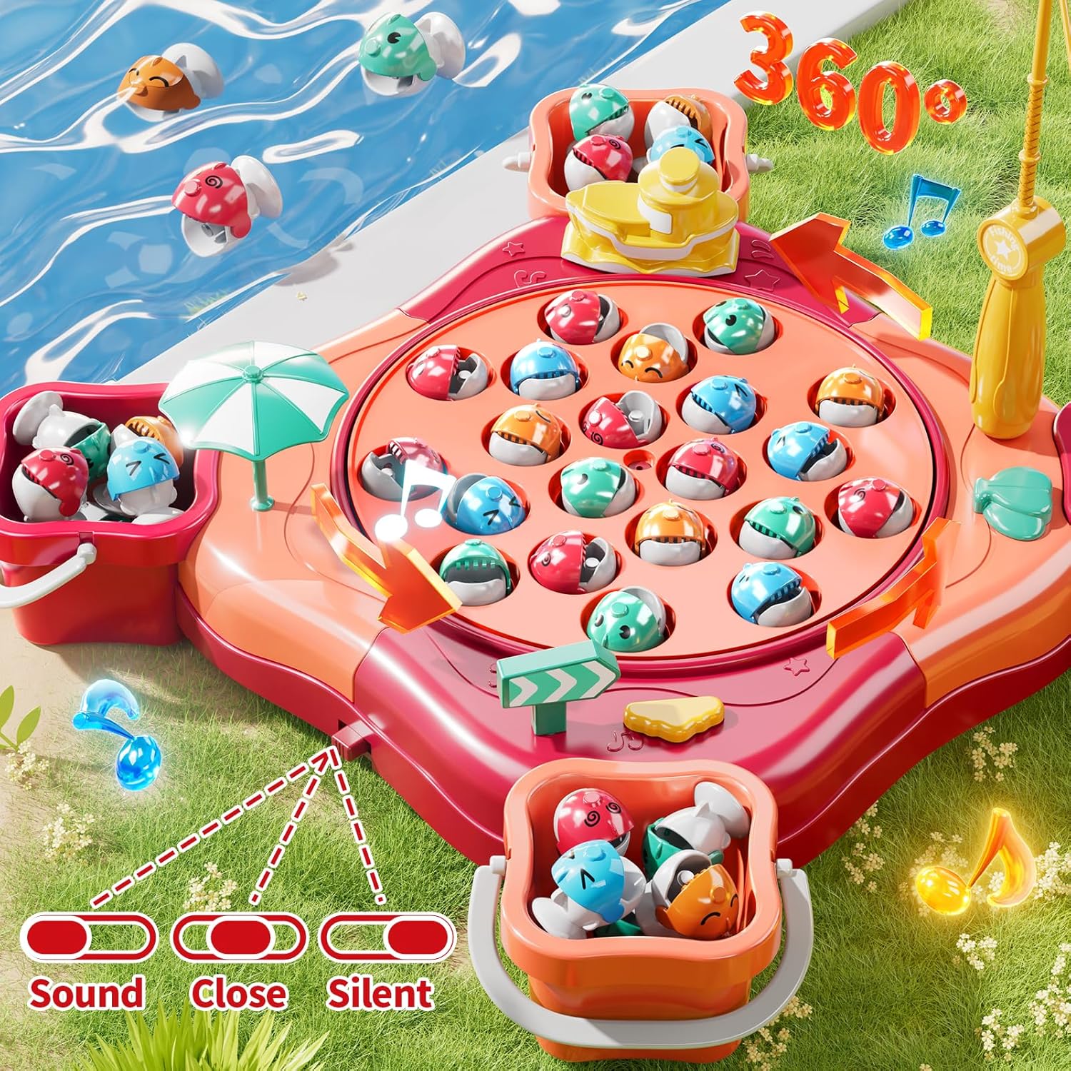 JUKUDAHU Magnet Fishing Game for Kids Toddlers Aged 3 4 5 6 7 8 - Fishing Toys with 48 Fishes Toys, 8 Poles, Rotating Board Game with On-Off Music, Educational Birthday Gifts for Boys Girls 1-3 (Pink)